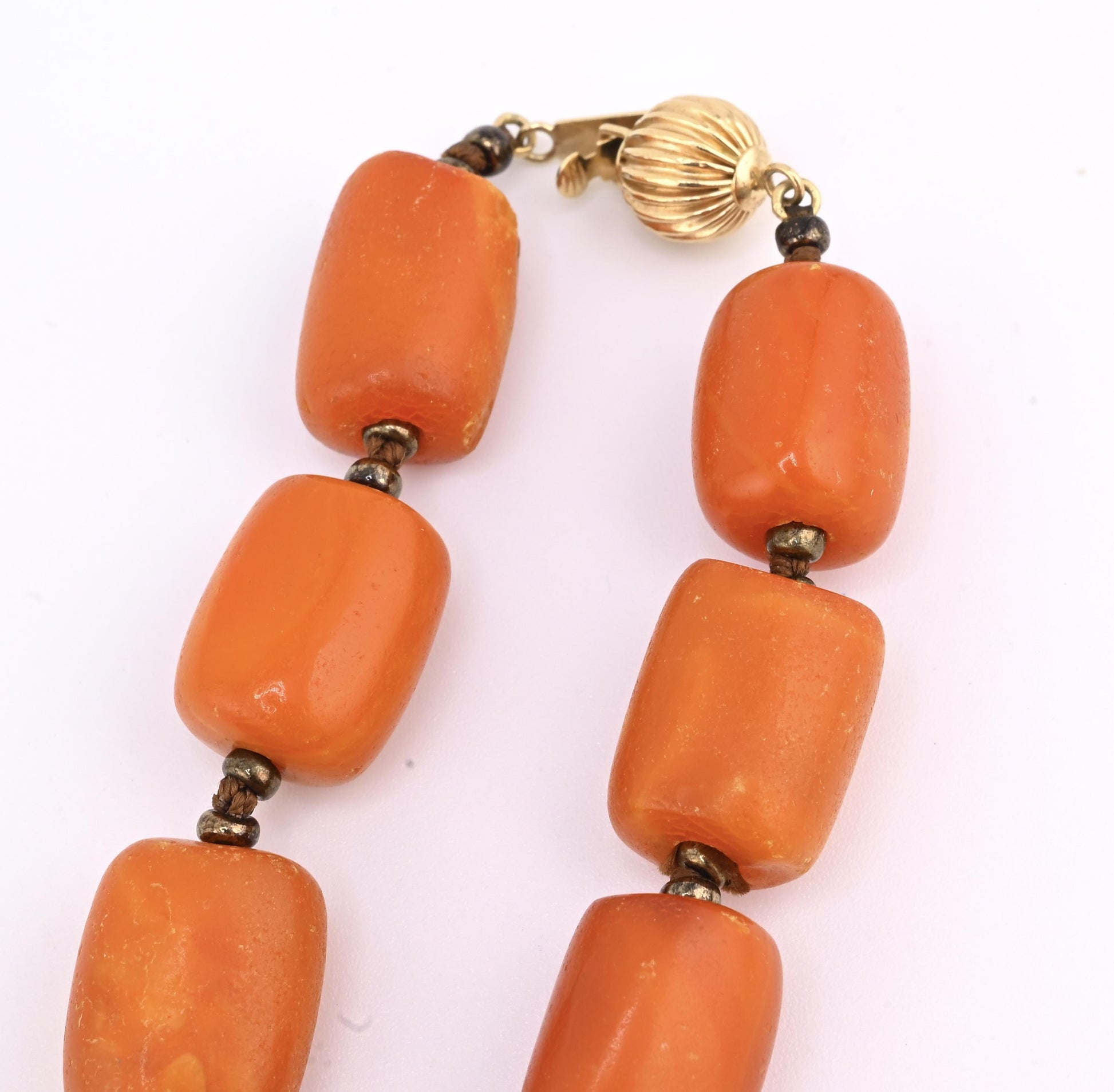 Title: Antique Butterscotch Amber Barrel Bead Necklace - 14k Gold Clasp 49 Grams