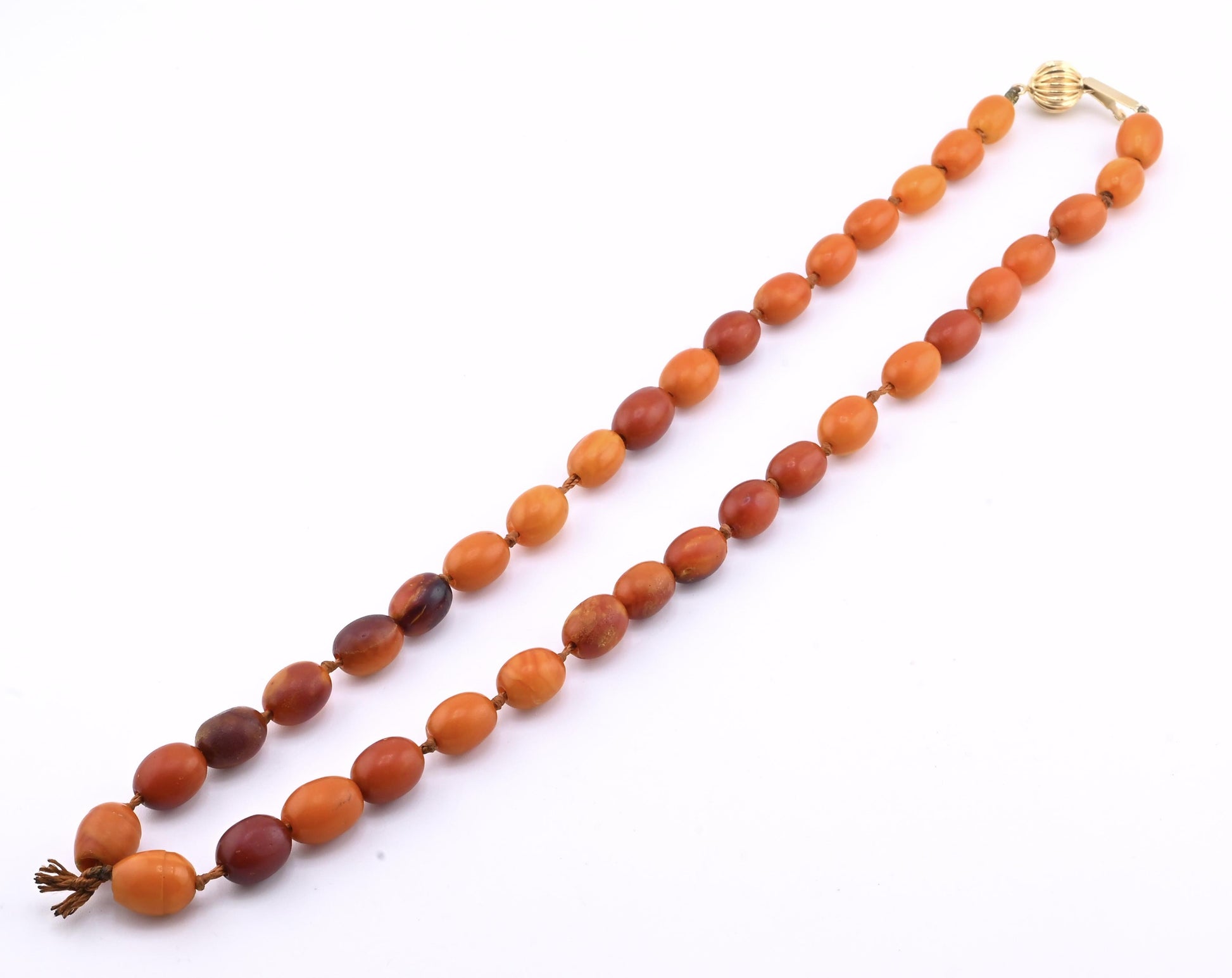 Antique Deep Butterscotch Amber Olive Bead Necklace 14k Gold Clasp 16.06 Grams