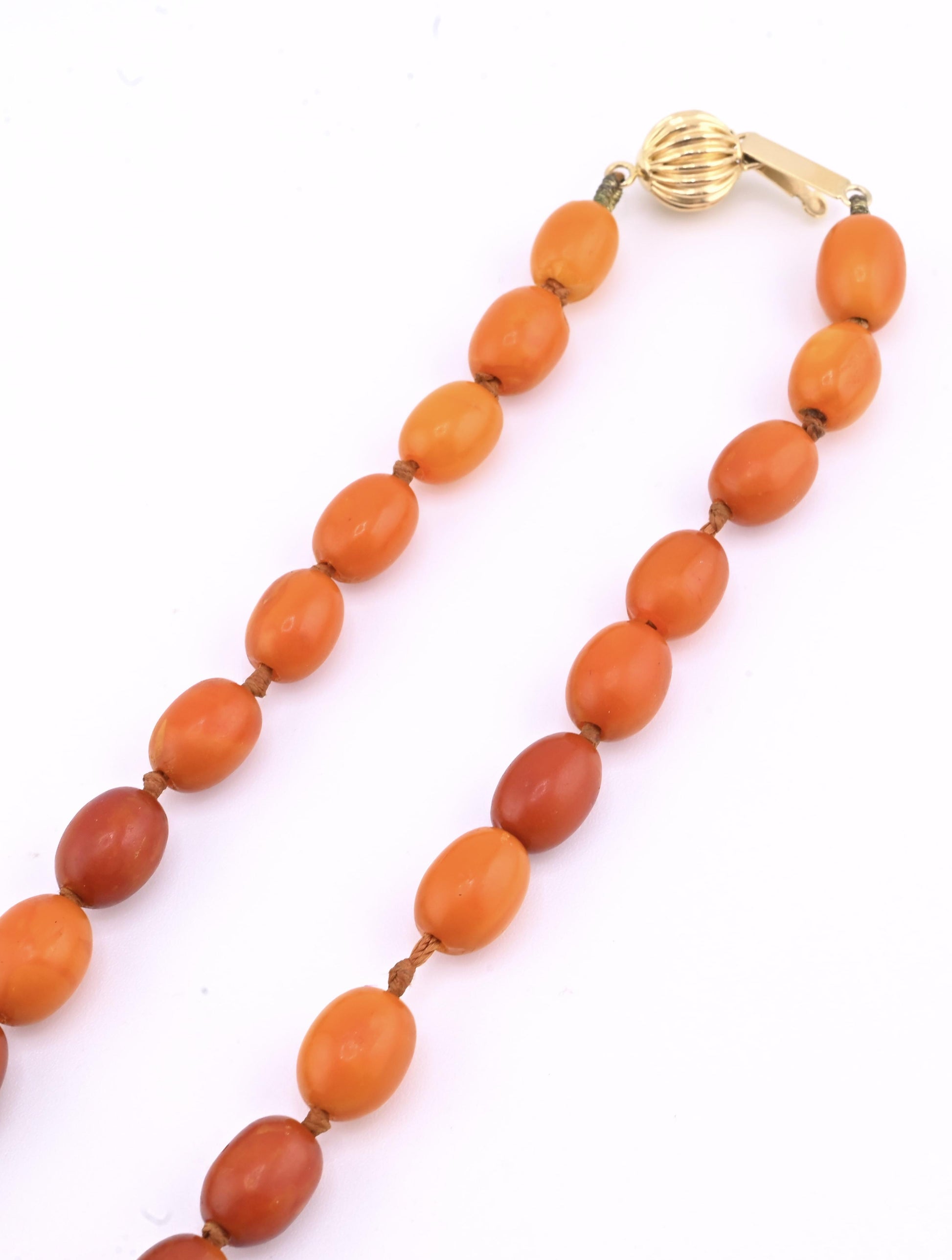 Antique Deep Butterscotch Amber Olive Bead Necklace 14k Gold Clasp 16.06 Grams
