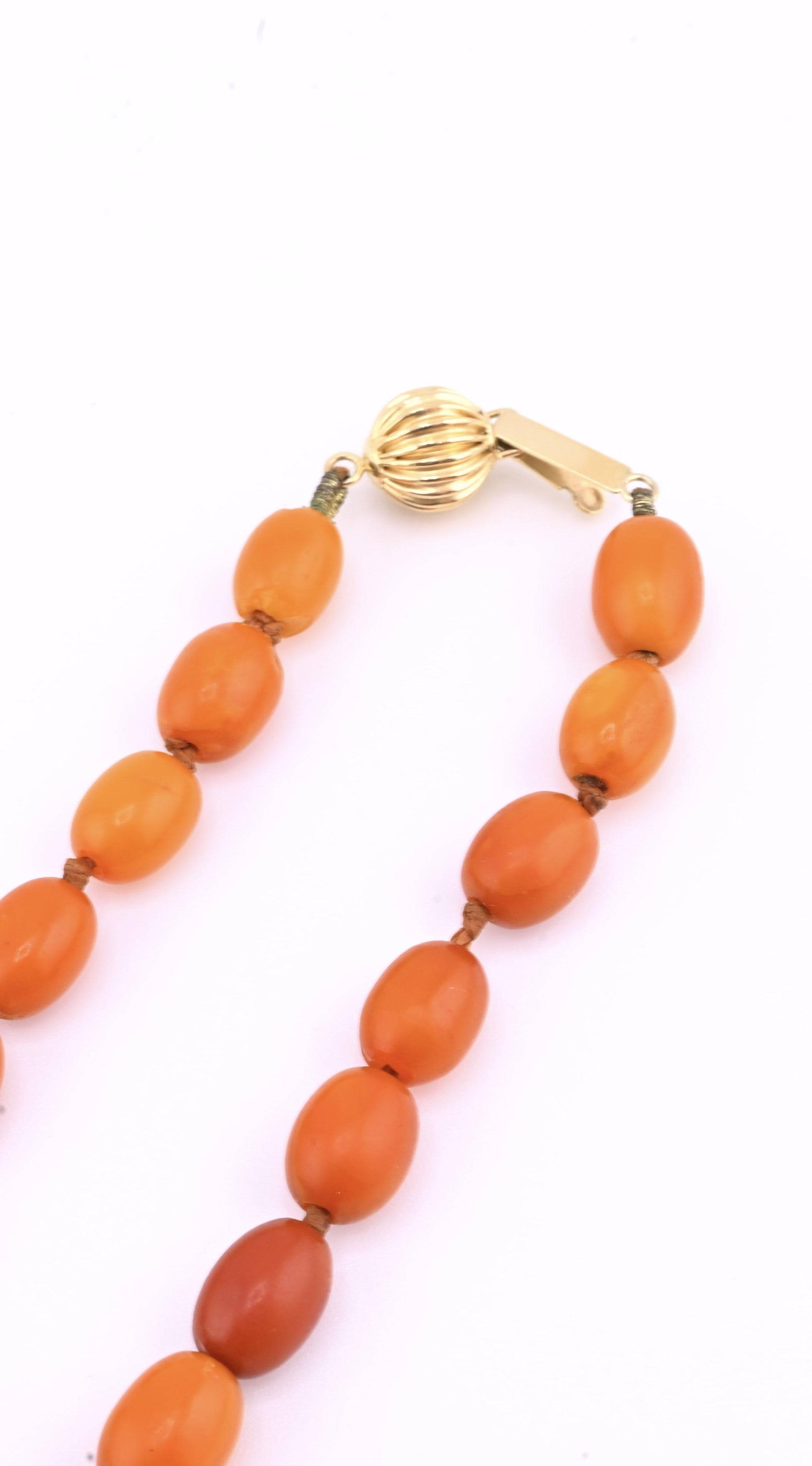 Antique Deep Butterscotch Amber Olive Bead Necklace 14k Gold Clasp 16.06 Grams