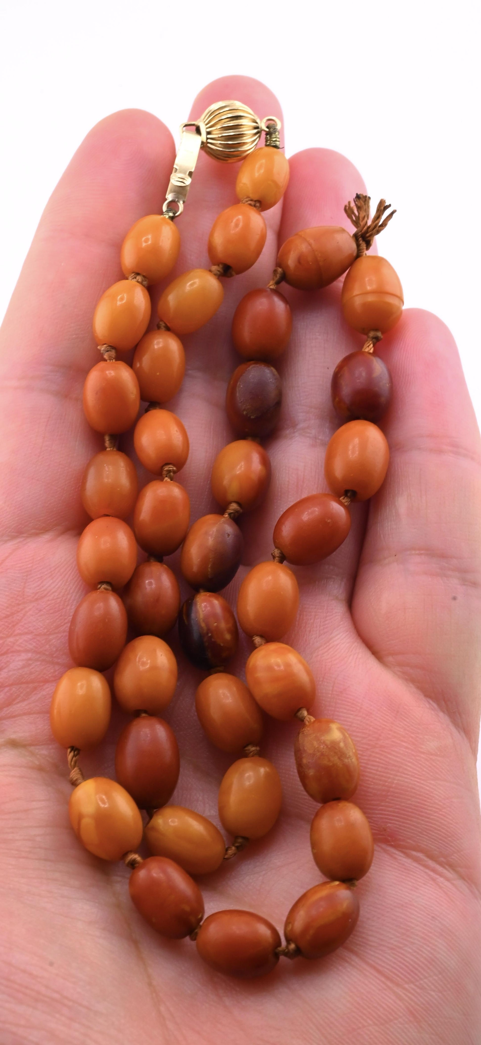 Antique Deep Butterscotch Amber Olive Bead Necklace 14k Gold Clasp 16.06 Grams
