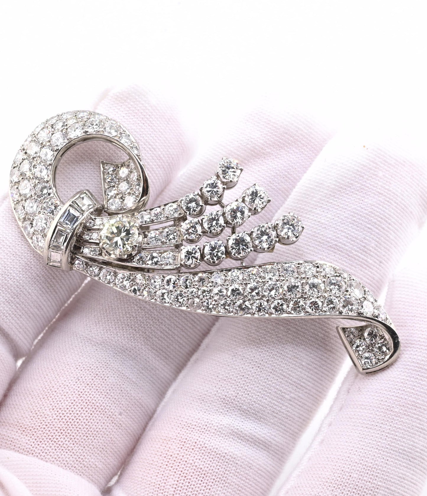 Art Deco Period 7.70 TCW Natural Diamond Platinum Brooch | 18.0g Solid Platinum