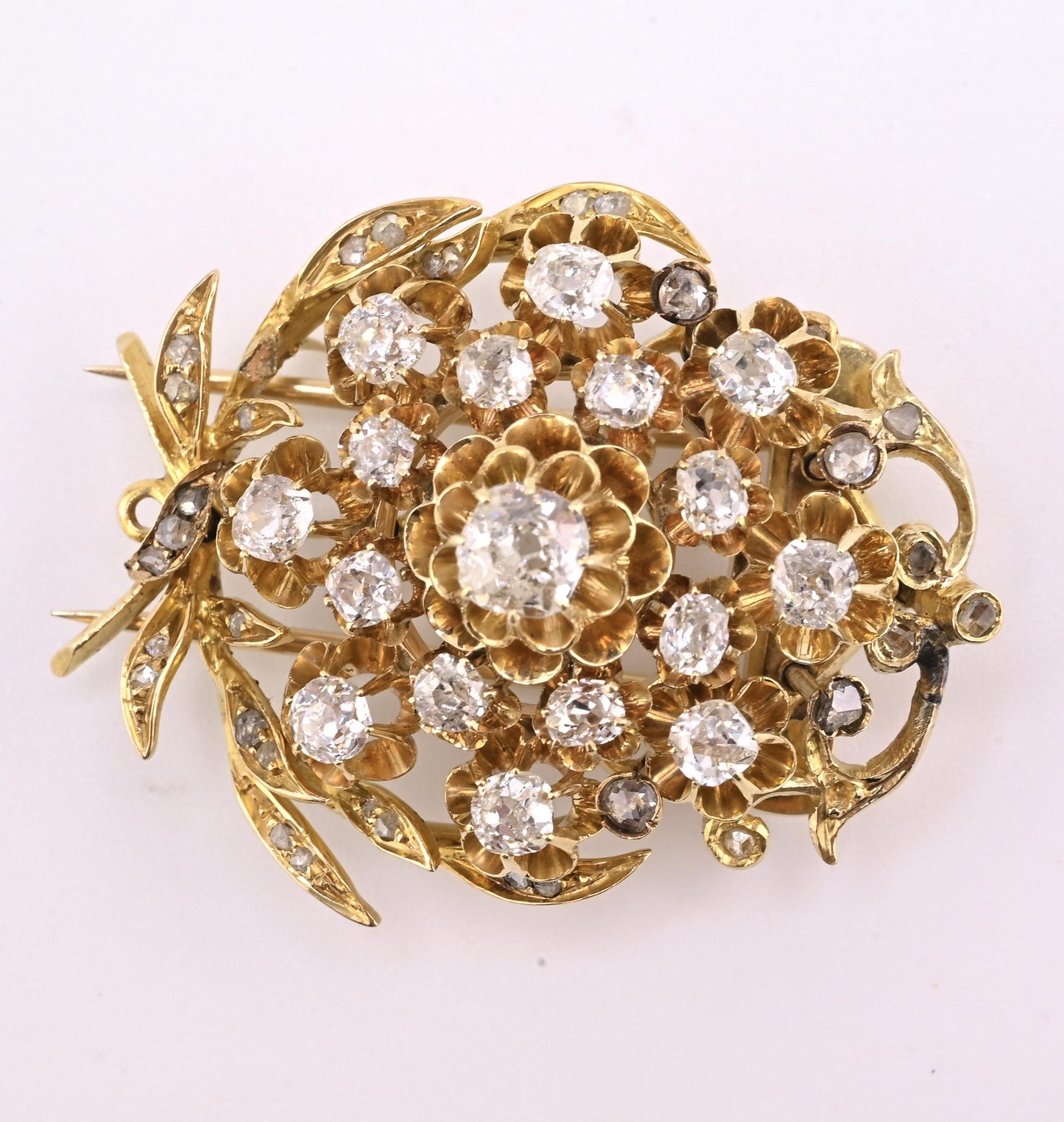 Antique 2.65ctw Old Mine & Rose Cut Diamond 18K Gold Pendant Brooch IGI Cert.