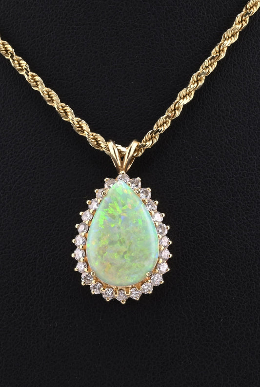 IGI Certified 6.00 TCW Natural Opal & Diamond Halo Necklace in 14K Yellow Gold