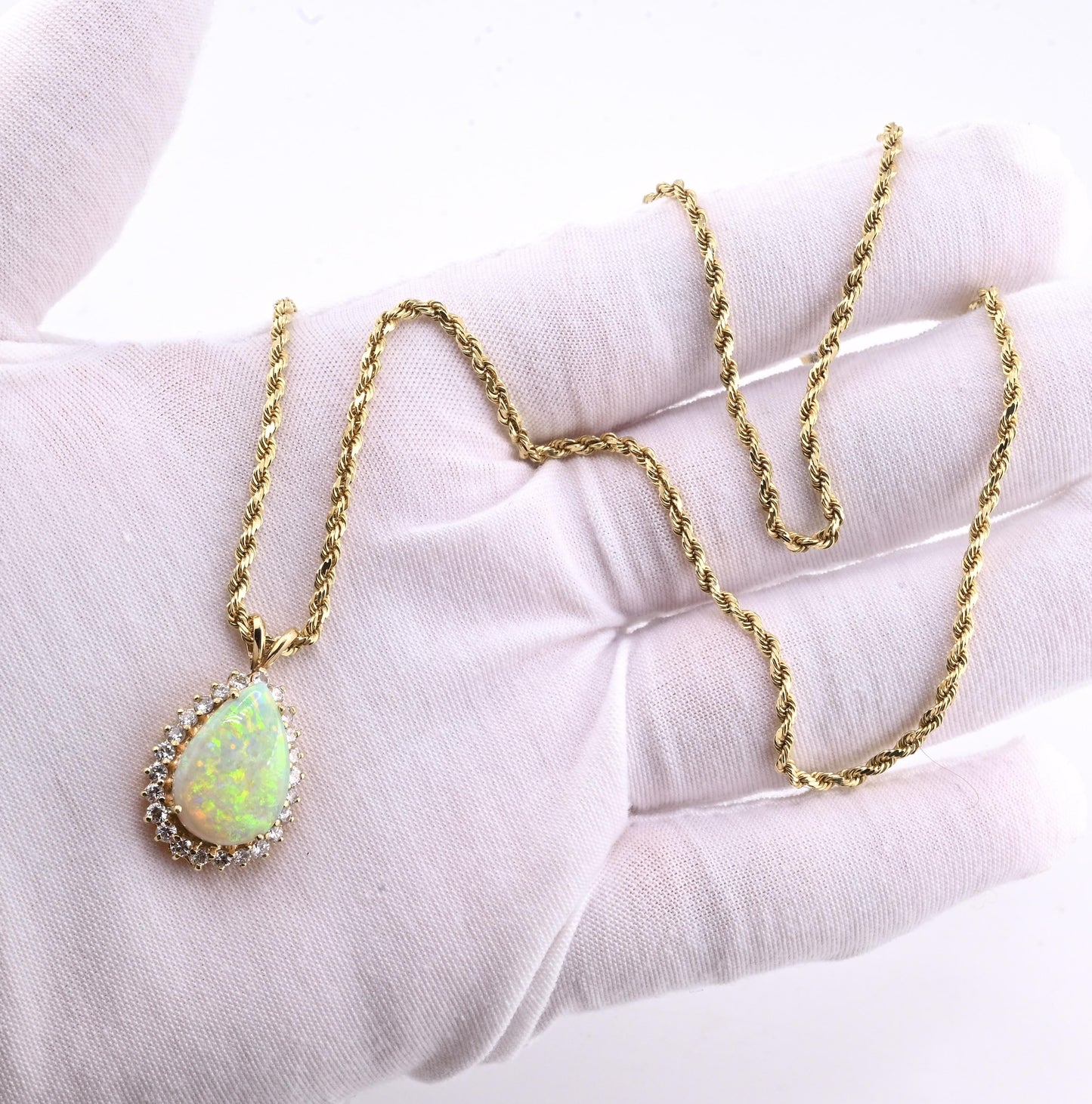 IGI Certified 6.00 TCW Natural Opal & Diamond Halo Necklace in 14K Yellow Gold