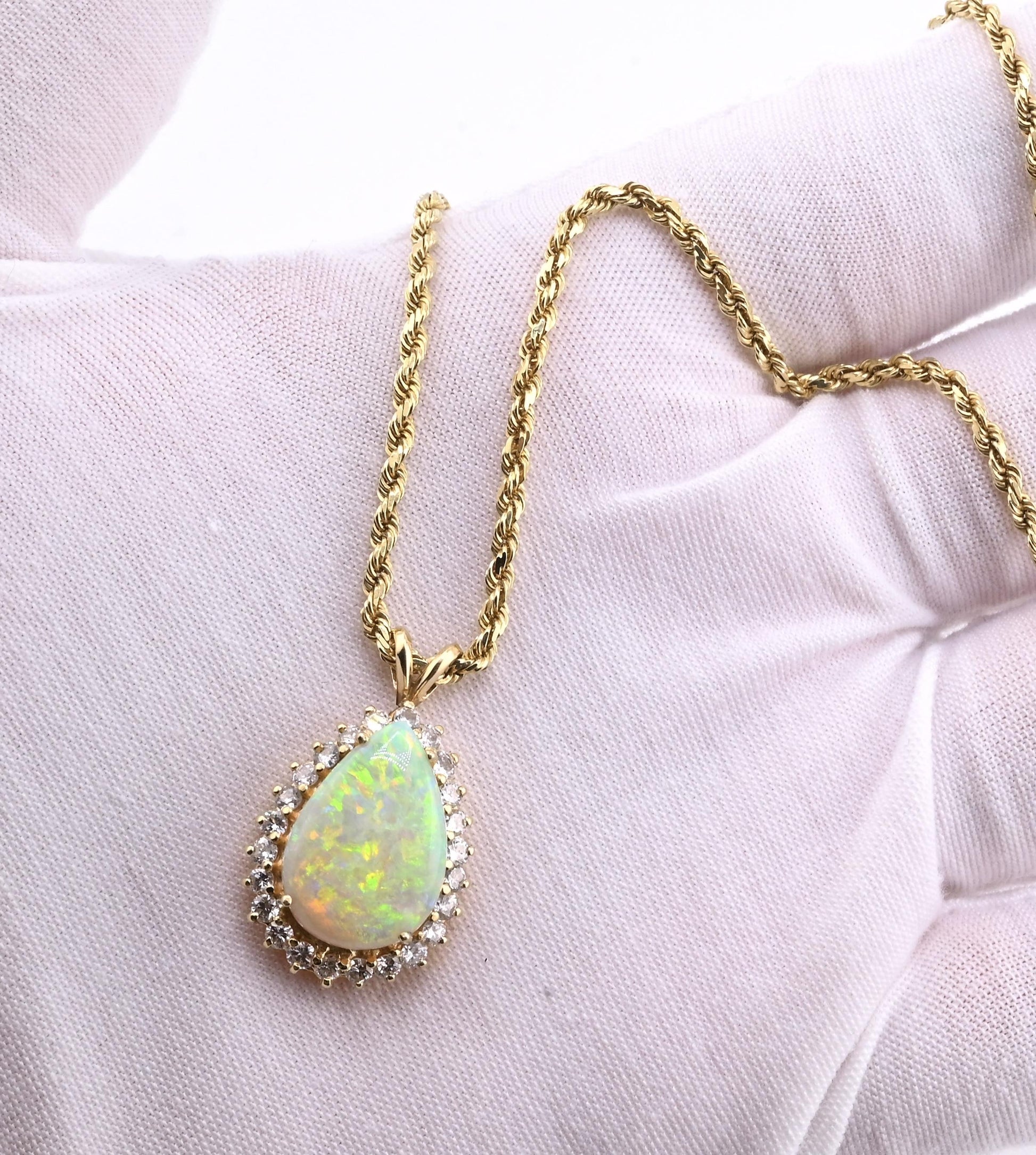 IGI Certified 6.00 TCW Natural Opal & Diamond Halo Necklace in 14K Yellow Gold