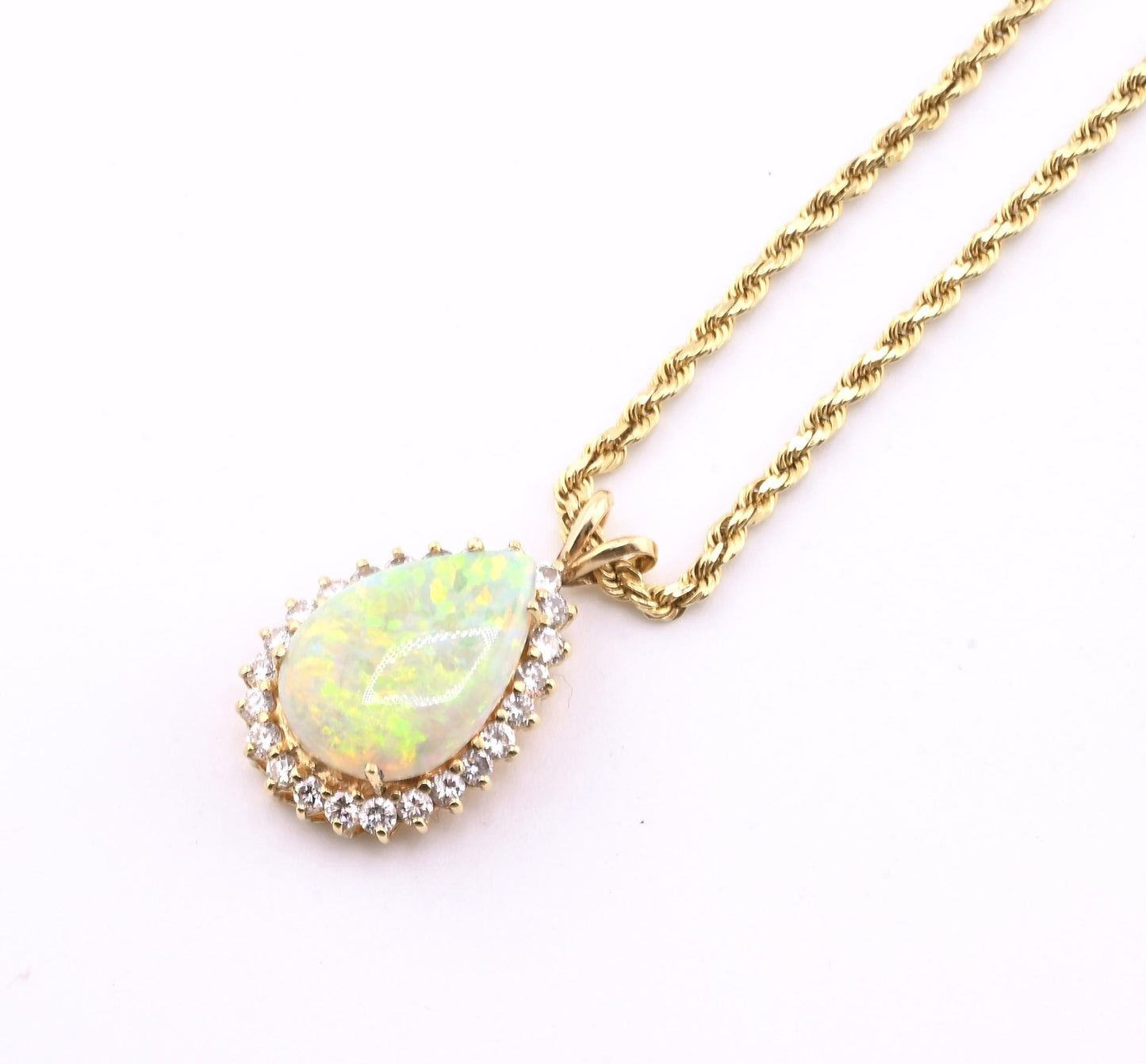 IGI Certified 6.00 TCW Natural Opal & Diamond Halo Necklace in 14K Yellow Gold