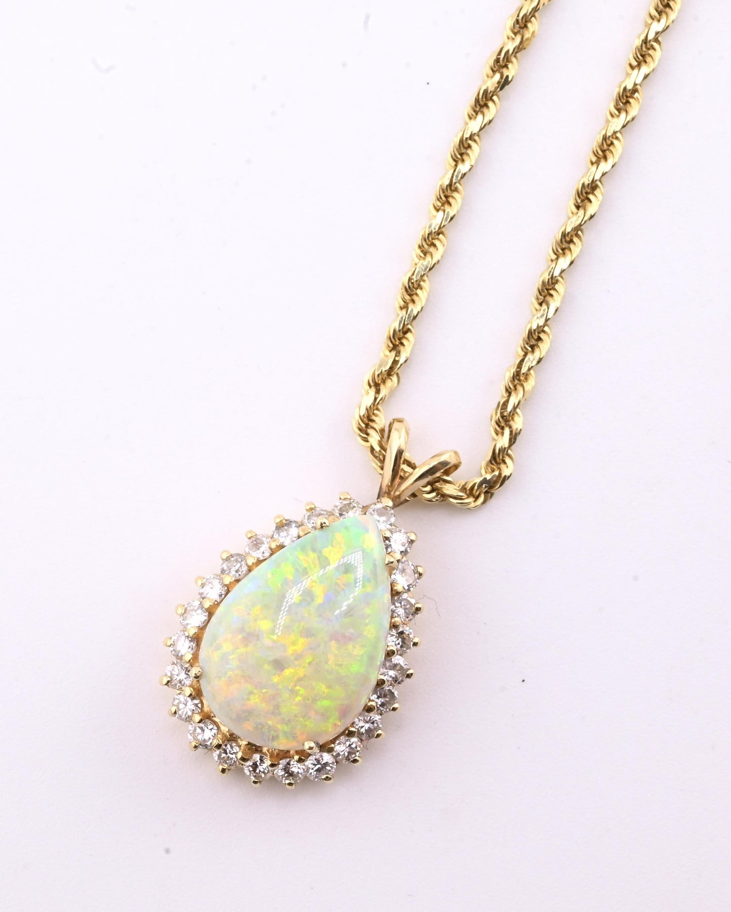 IGI Certified 6.00 TCW Natural Opal & Diamond Halo Necklace in 14K Yellow Gold