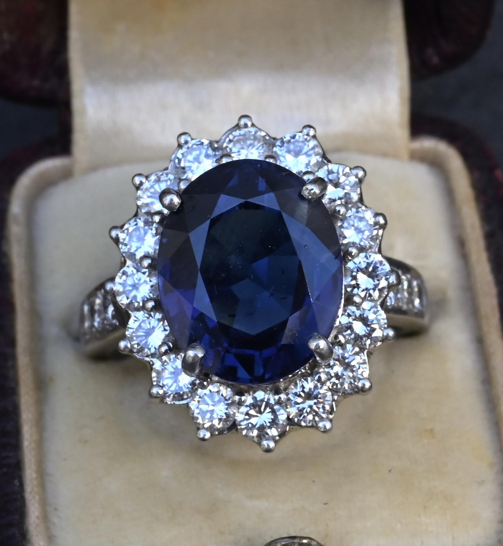 Exceptional 7.12 Carat NO HEAT GIA Certified Vivid Blue Sapphire & Diamond Ring