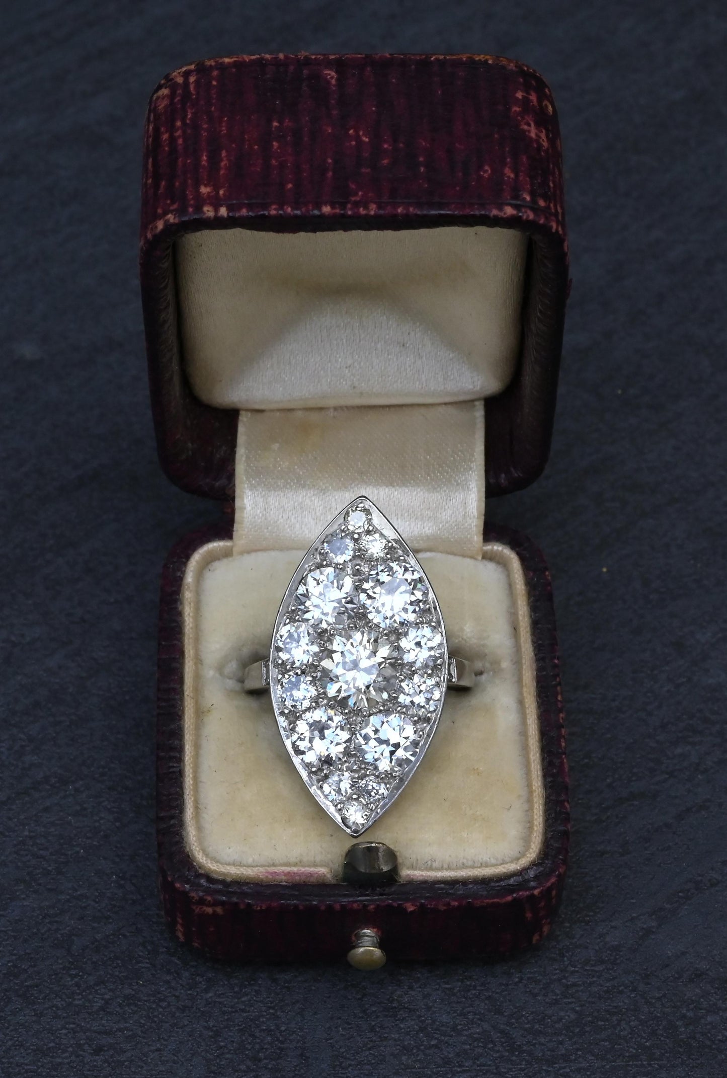 Art Deco 3.90ctw Navette Diamond Platinum Ring IGI Certified 7.46g Size 6.5