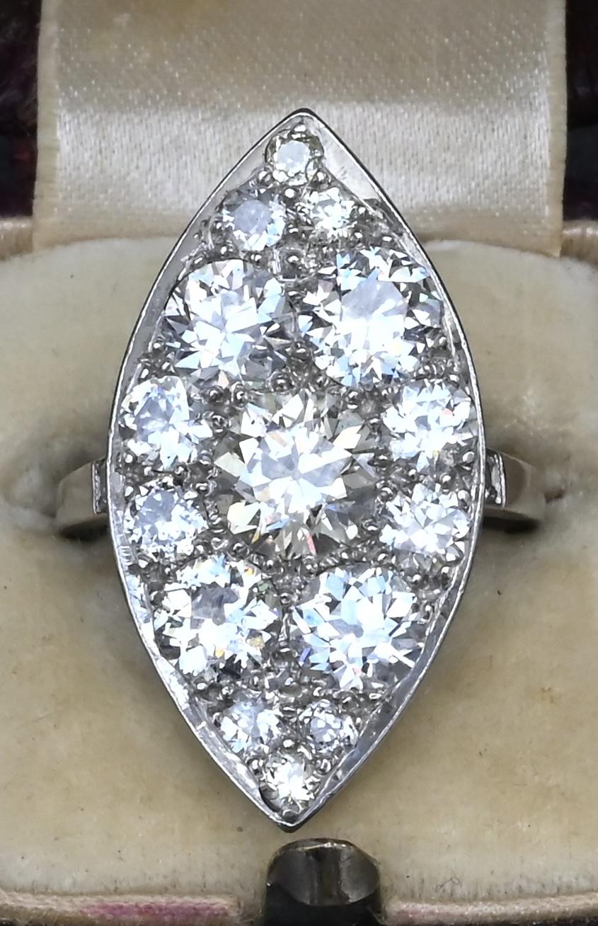 Art Deco 3.90ctw Navette Diamond Platinum Ring IGI Certified 7.46g Size 6.5