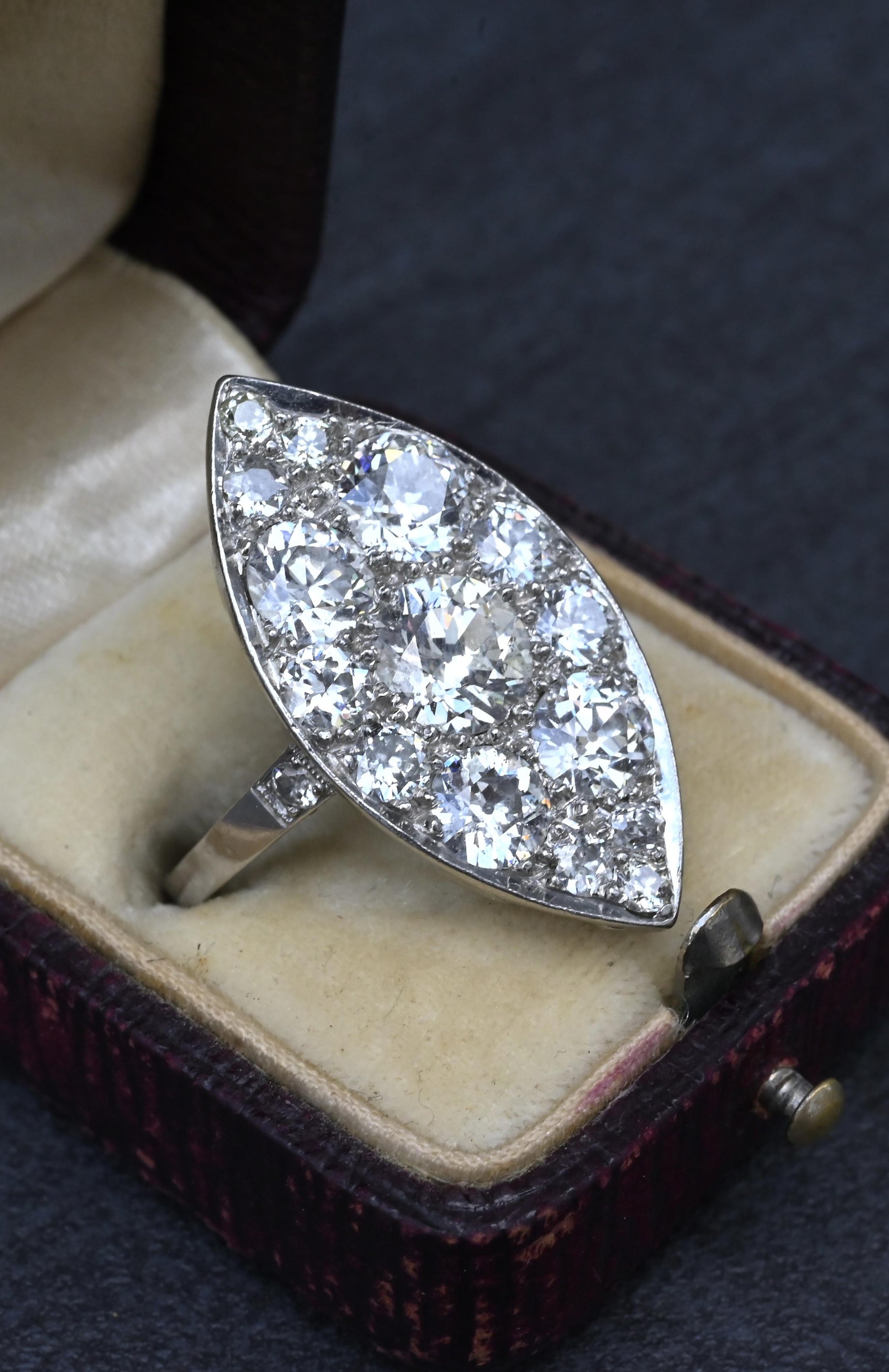 Art Deco 3.90ctw Navette Diamond Platinum Ring IGI Certified 7.46g Size 6.5