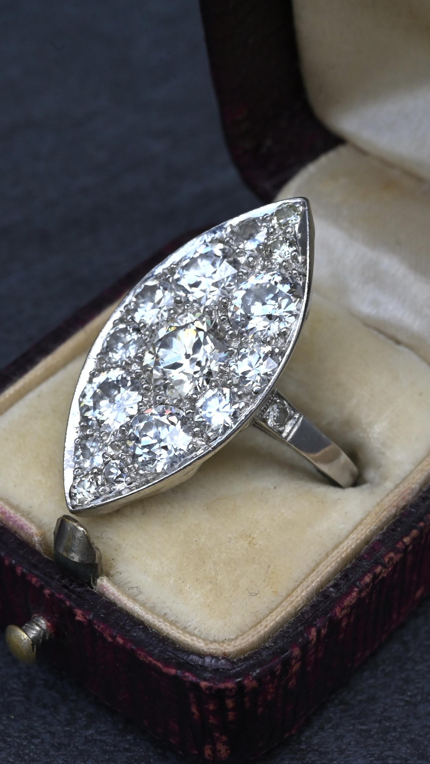 Art Deco 3.90ctw Navette Diamond Platinum Ring IGI Certified 7.46g Size 6.5