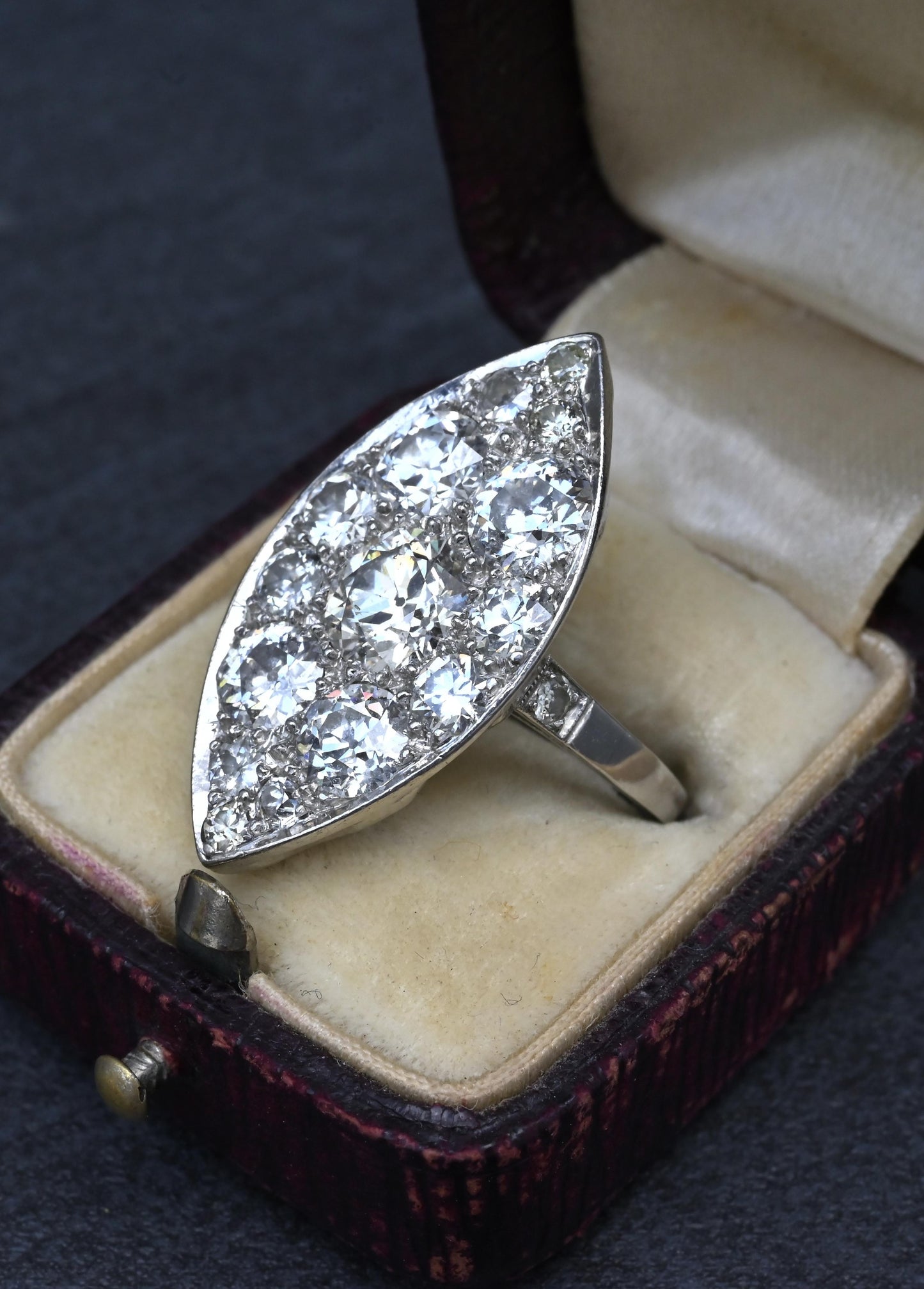 Art Deco 3.90ctw Navette Diamond Platinum Ring IGI Certified 7.46g Size 6.5