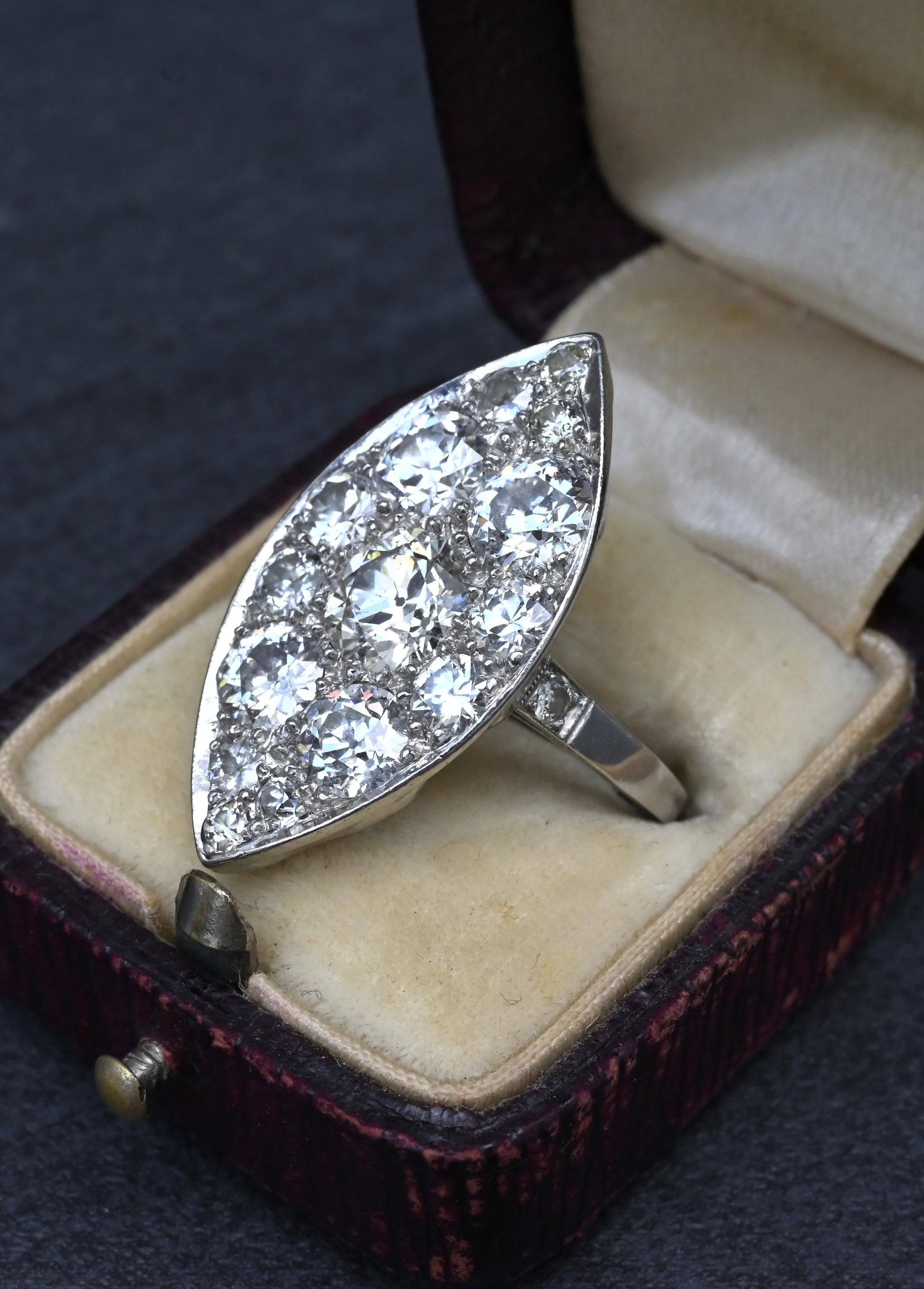Art Deco 3.90ctw Navette Diamond Platinum Ring IGI Certified 7.46g Size 6.5