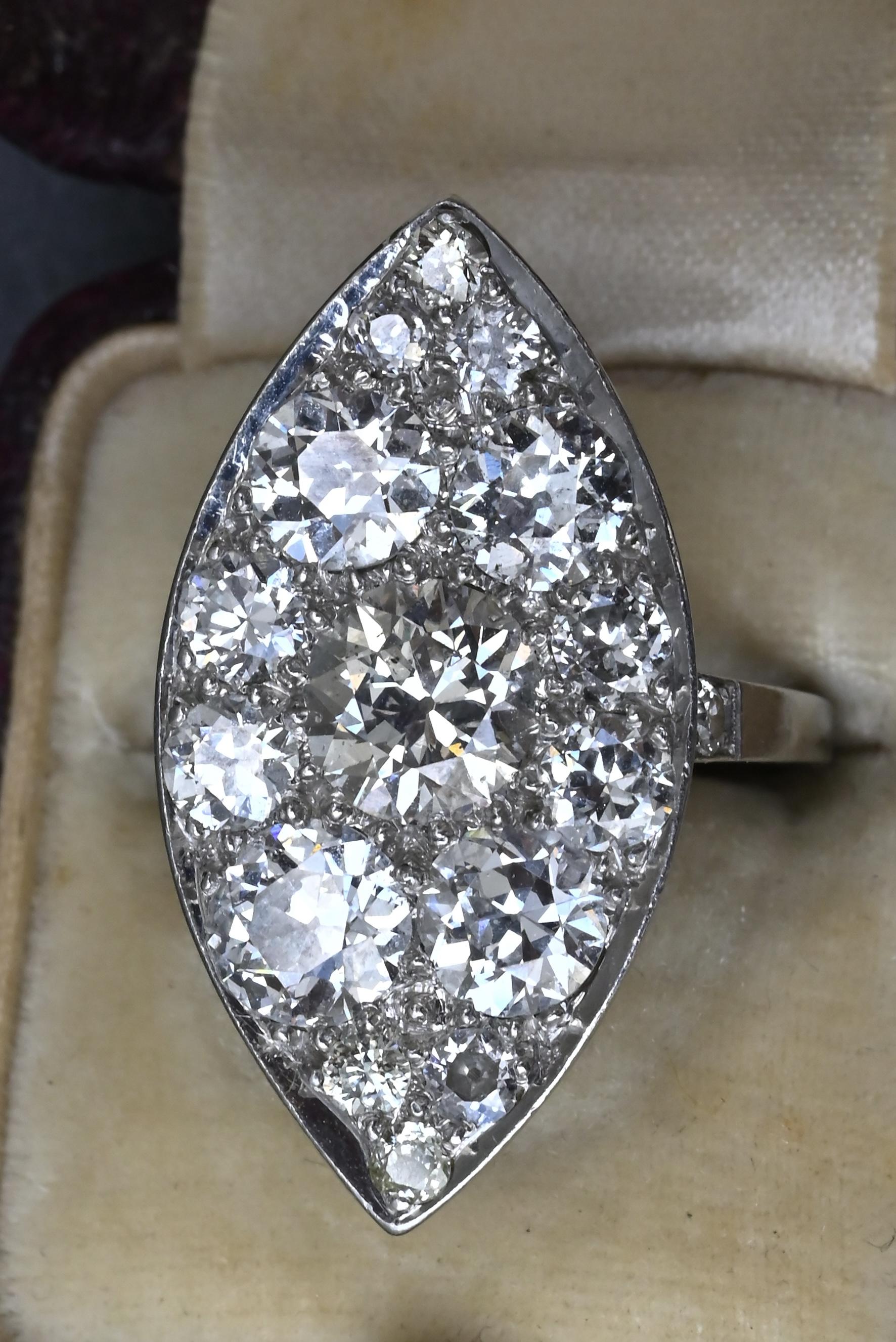 Art Deco 3.90ctw Navette Diamond Platinum Ring IGI Certified 7.46g Size 6.5