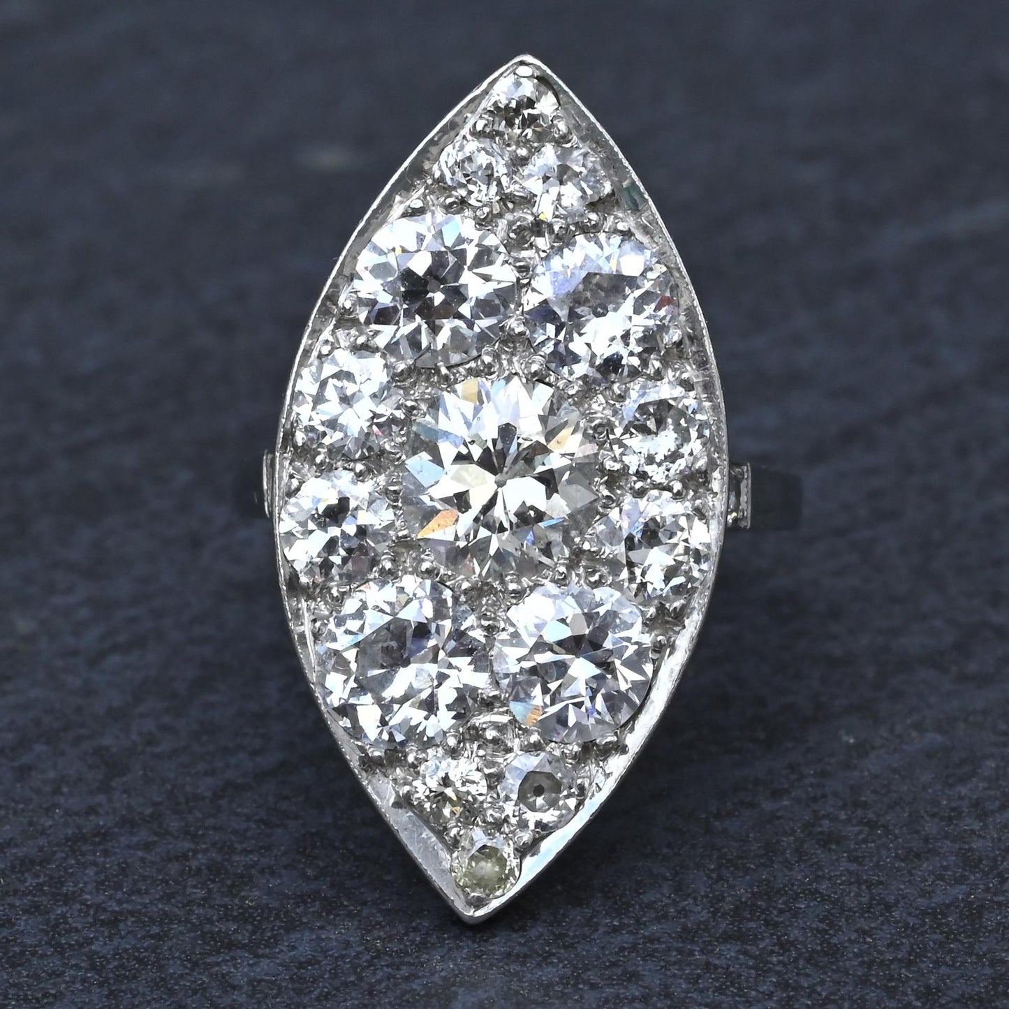 Art Deco 3.90ctw Navette Diamond Platinum Ring IGI Certified 7.46g Size 6.5