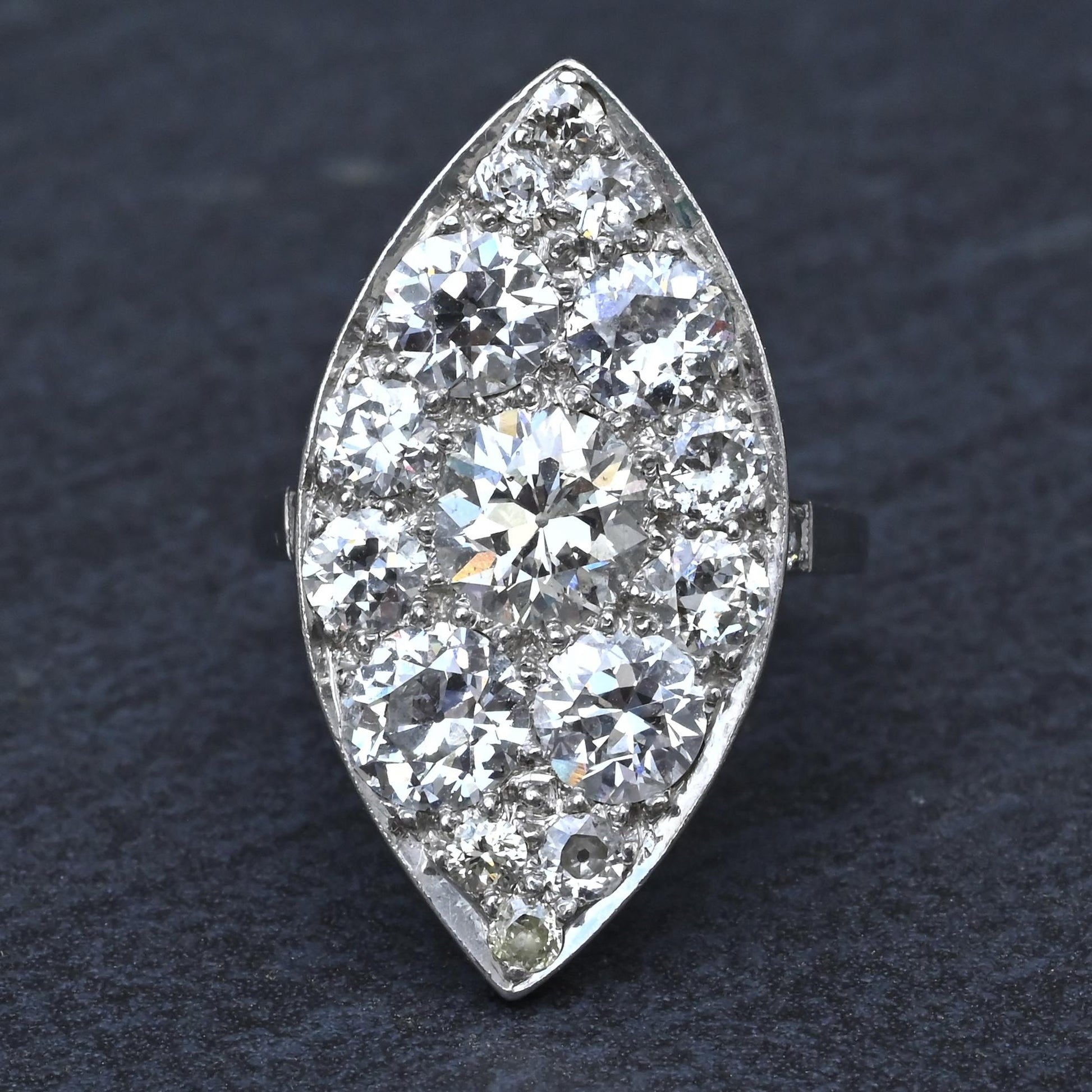Art Deco 3.90ctw Navette Diamond Platinum Ring IGI Certified 7.46g Size 6.5