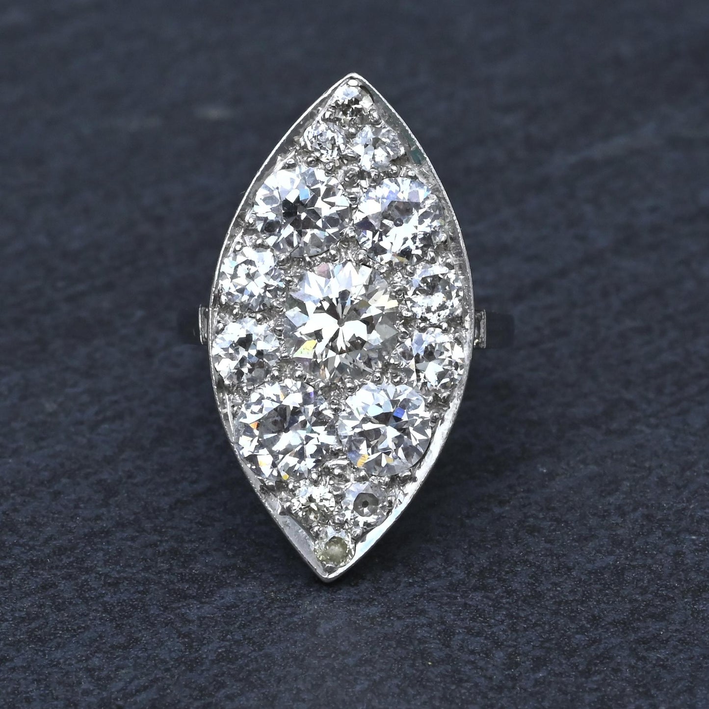 Art Deco 3.90ctw Navette Diamond Platinum Ring IGI Certified 7.46g Size 6.5
