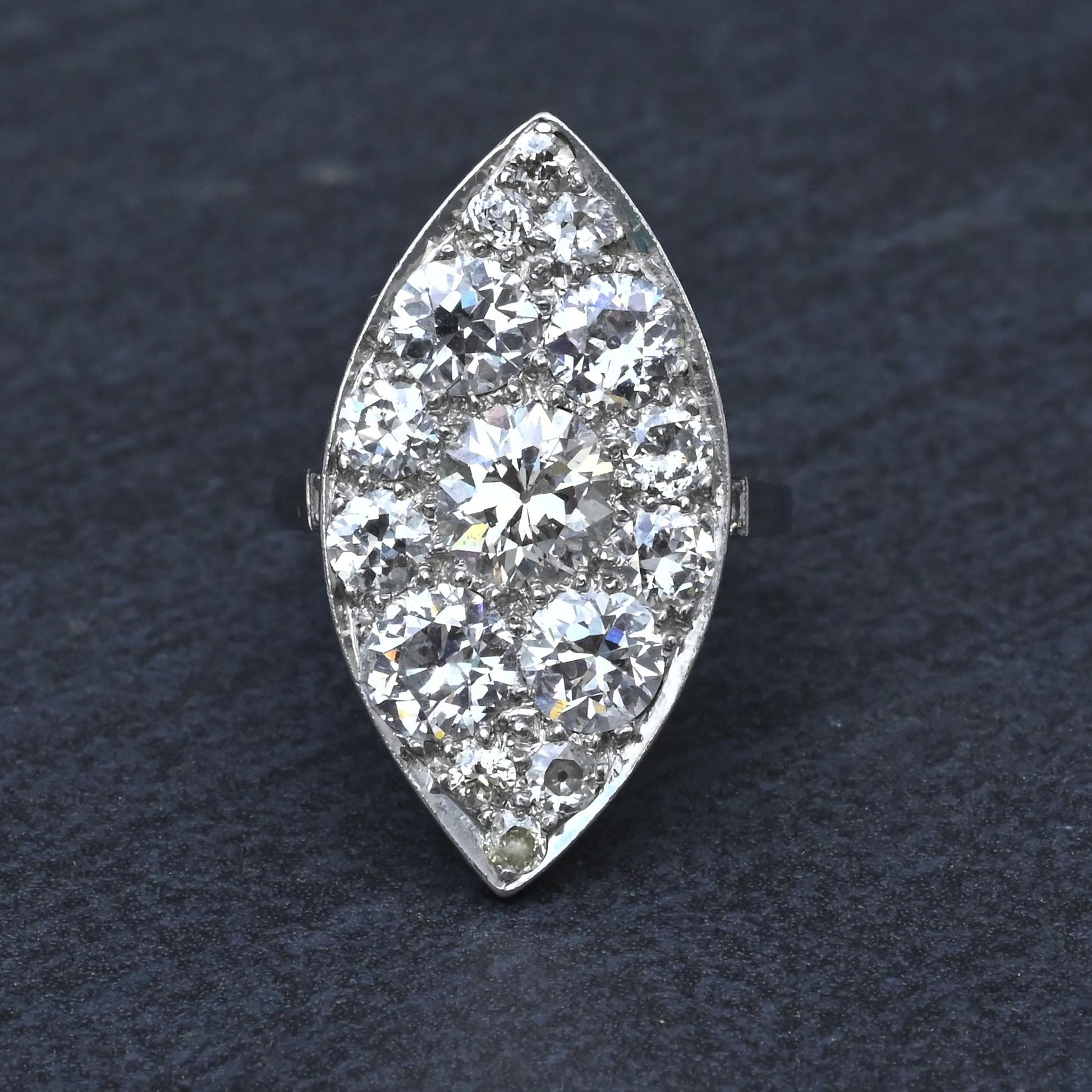 Art Deco 3.90ctw Navette Diamond Platinum Ring IGI Certified 7.46g Size 6.5