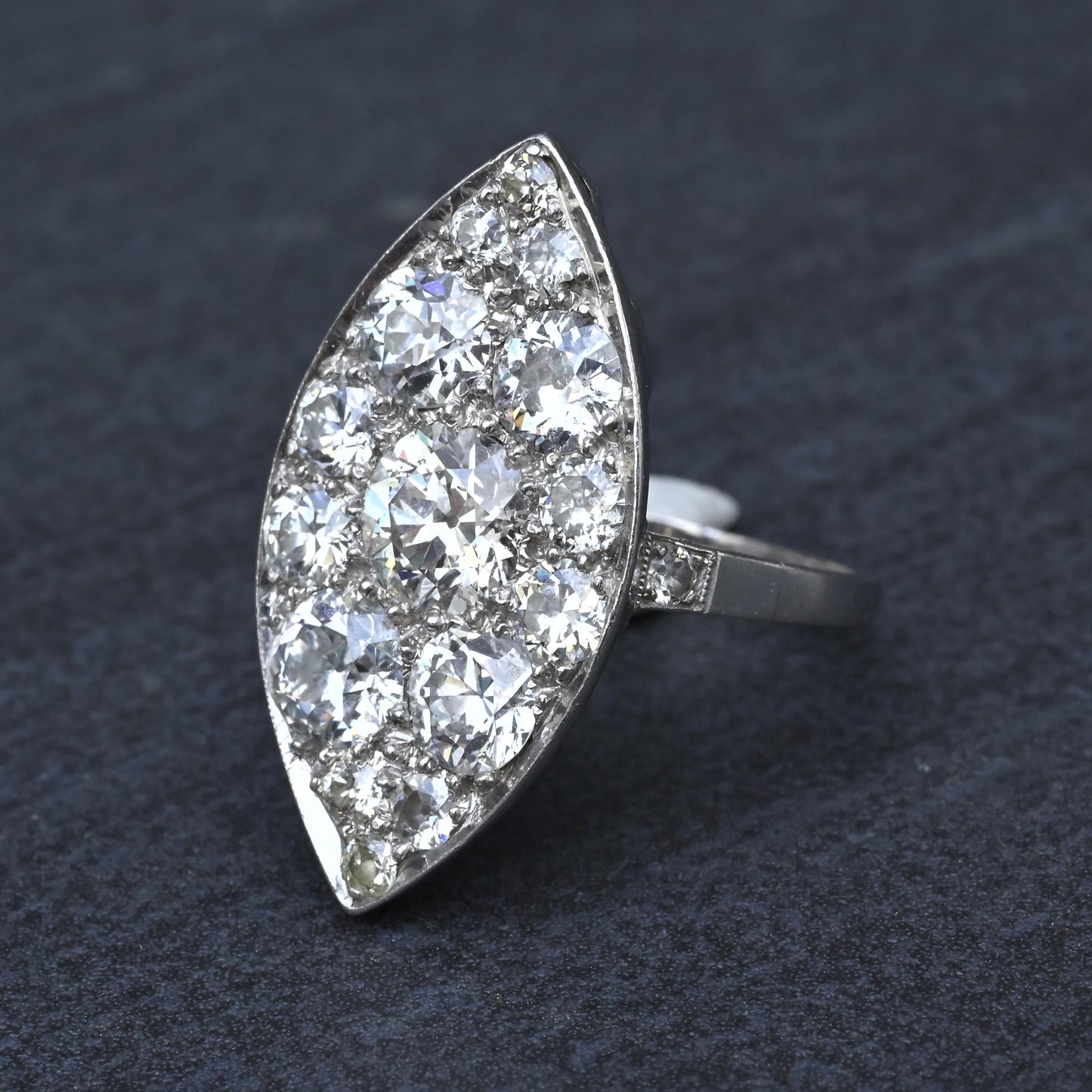 Art Deco 3.90ctw Navette Diamond Platinum Ring IGI Certified 7.46g Size 6.5