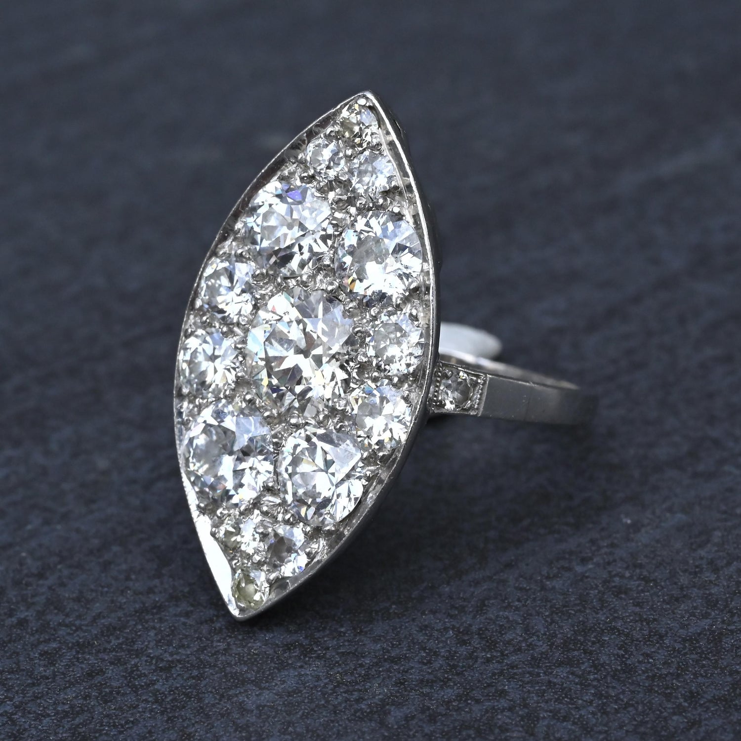 Art Deco 3.90ctw Navette Diamond Platinum Ring IGI Certified 7.46g Size 6.5