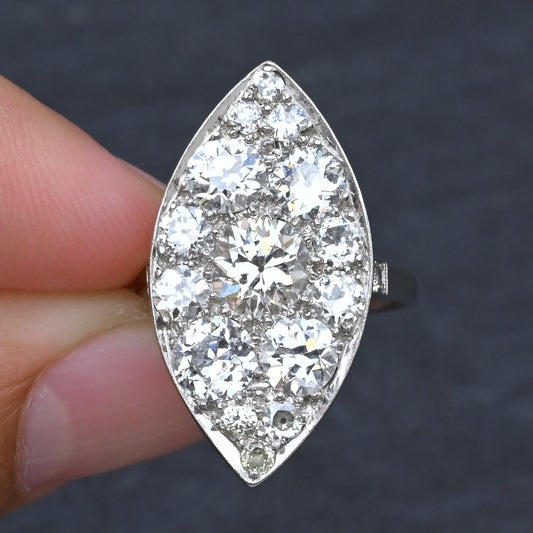 Art Deco 3.90ctw Navette Diamond Platinum Ring IGI Certified 7.46g Size 6.5
