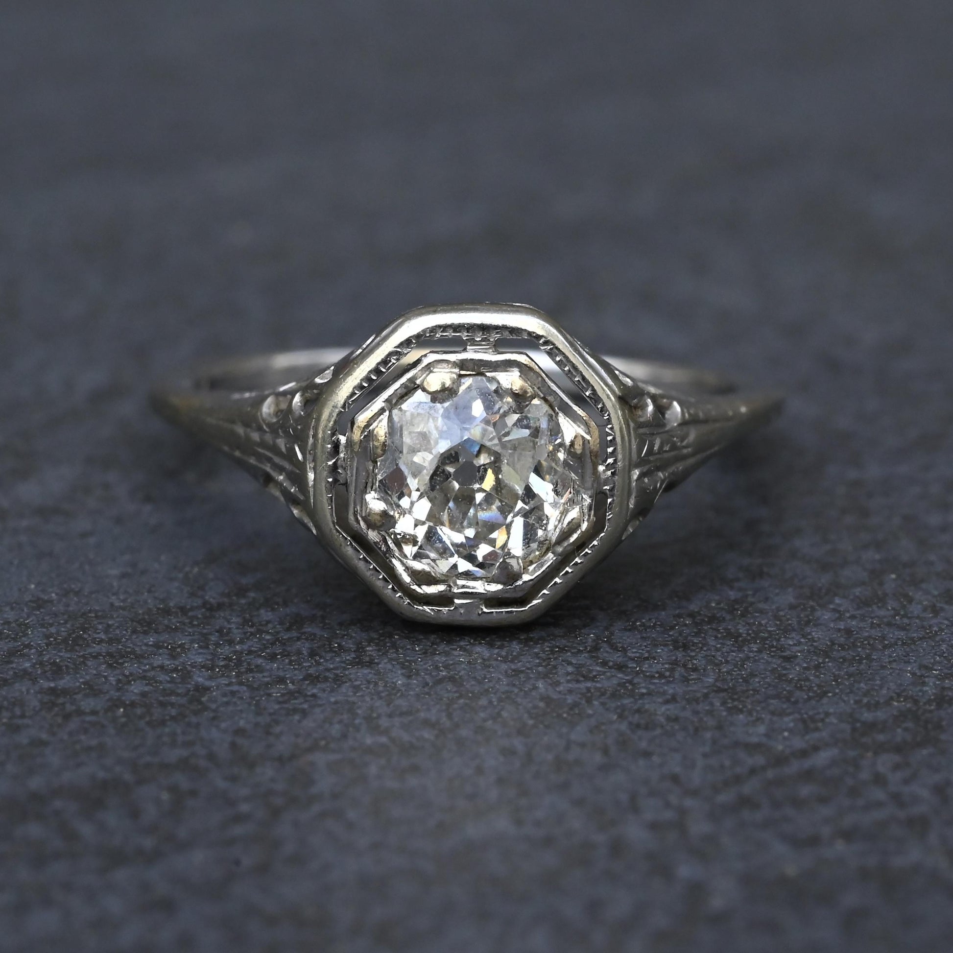 Art Deco .65ct Engagement Diamond Ring 18K White Gold IGI Certified Size 6.25