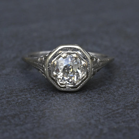 Art Deco .65ct Engagement Diamond Ring 18K White Gold IGI Certified Size 6.25