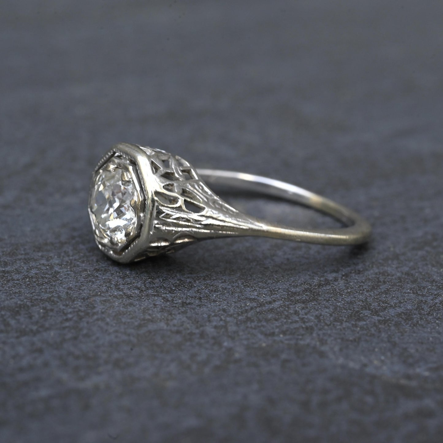 Art Deco .65ct Engagement Diamond Ring 18K White Gold IGI Certified Size 6.25