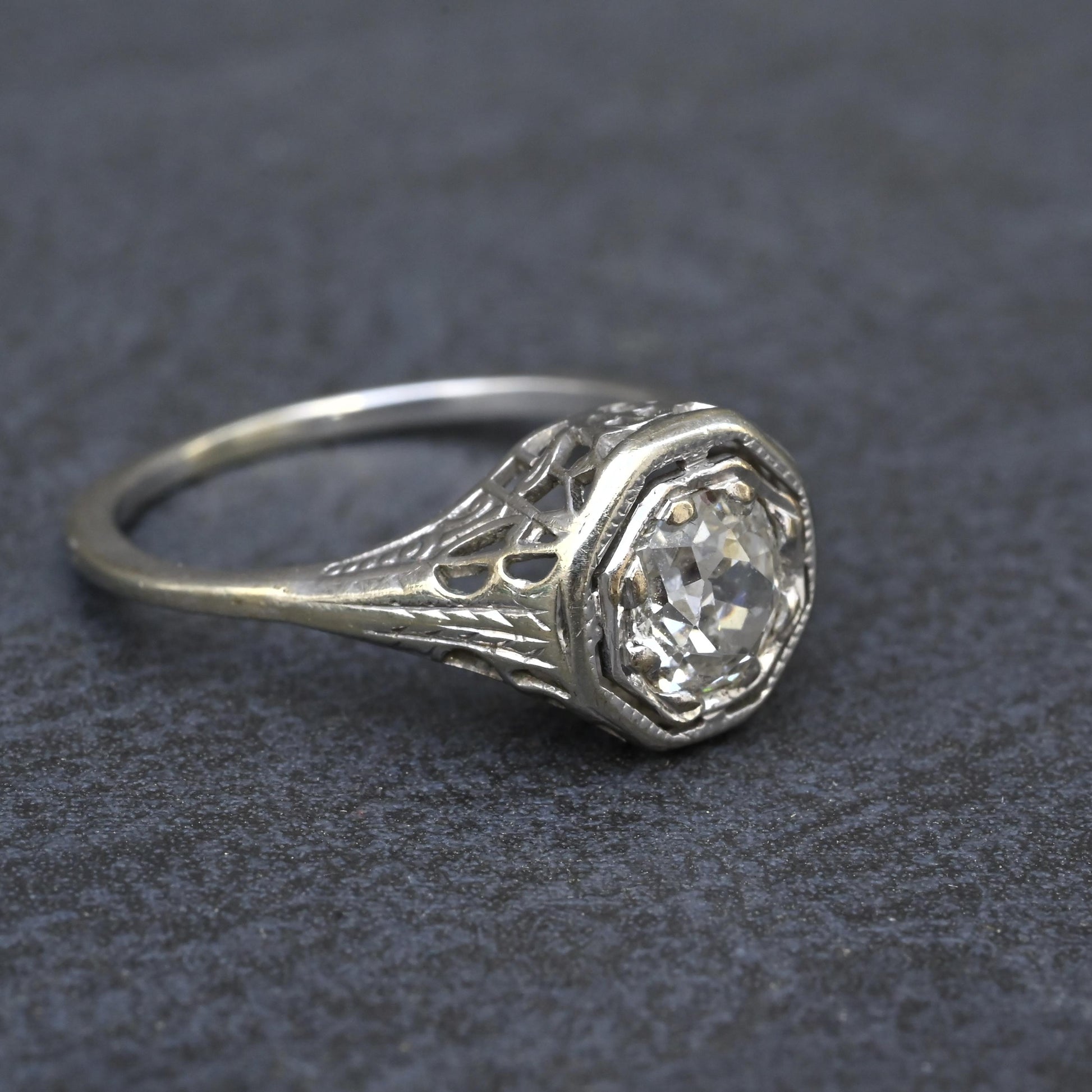 Art Deco .65ct Engagement Diamond Ring 18K White Gold IGI Certified Size 6.25