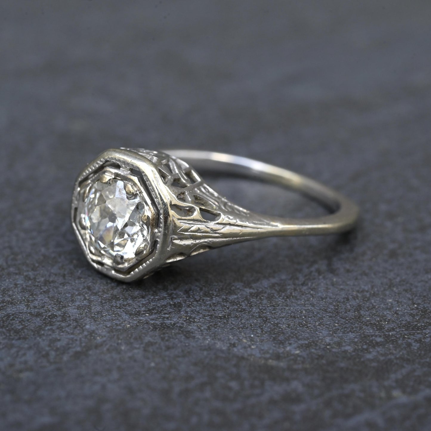 Art Deco .65ct Engagement Diamond Ring 18K White Gold IGI Certified Size 6.25