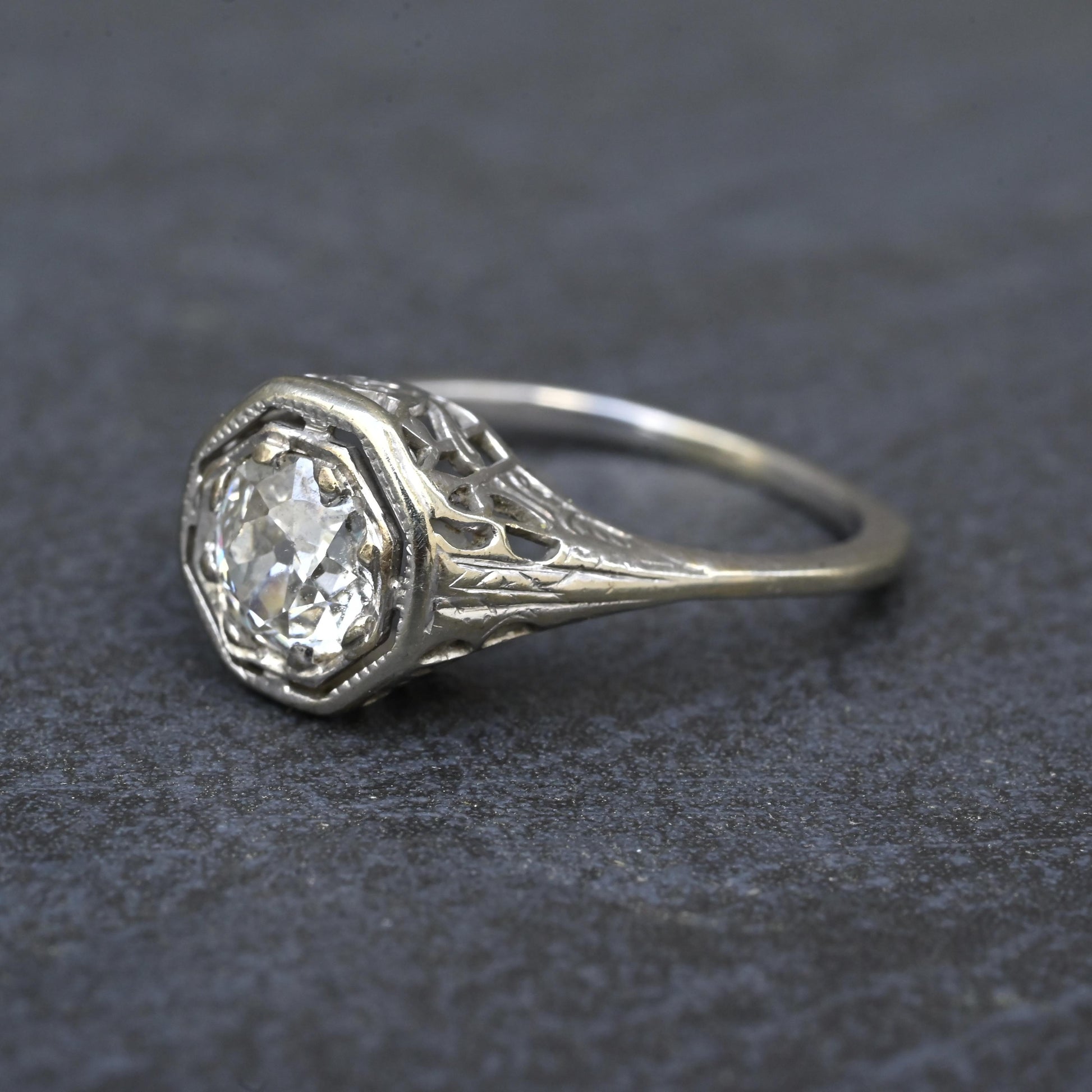 Art Deco .65ct Engagement Diamond Ring 18K White Gold IGI Certified Size 6.25