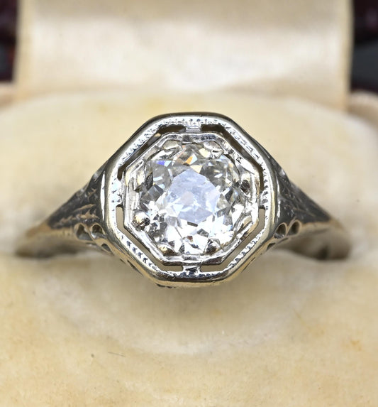 Art Deco .65ct Engagement Diamond Ring 18K White Gold IGI Certified Size 6.25