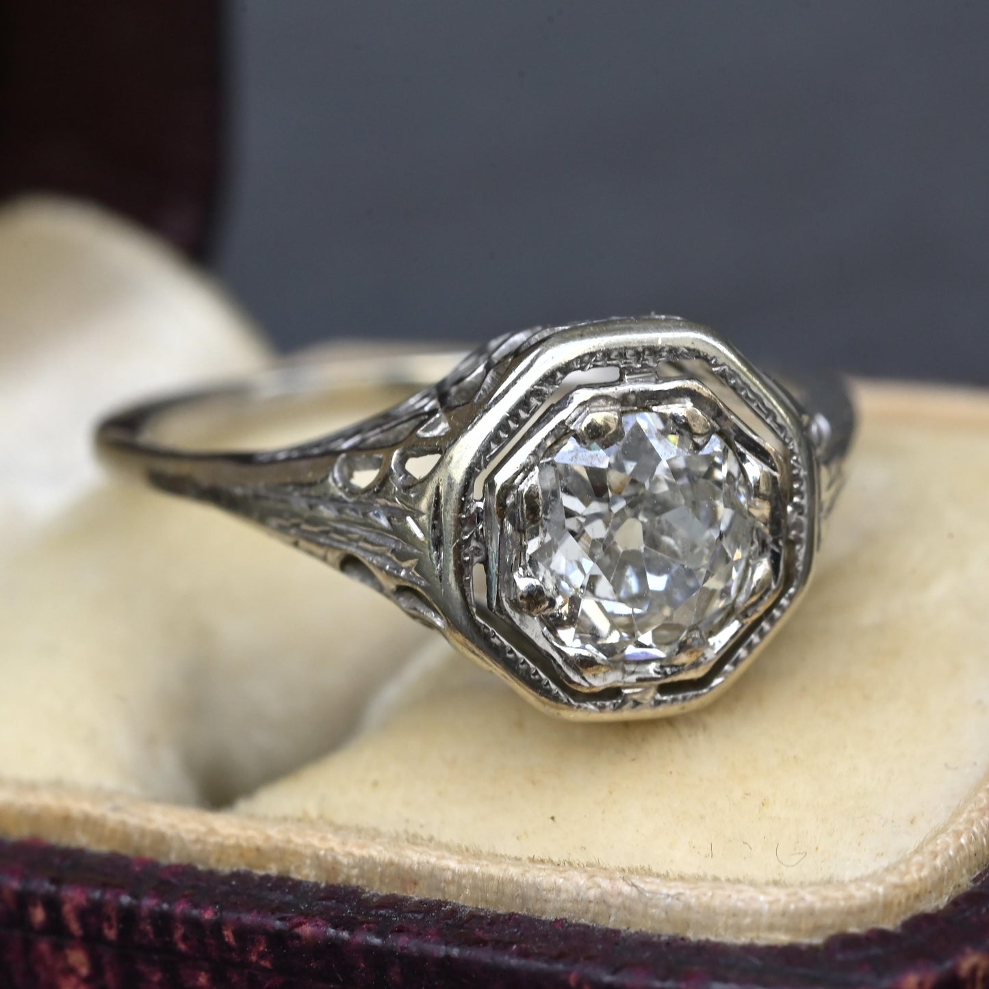 Art Deco .65ct Engagement Diamond Ring 18K White Gold IGI Certified Size 6.25