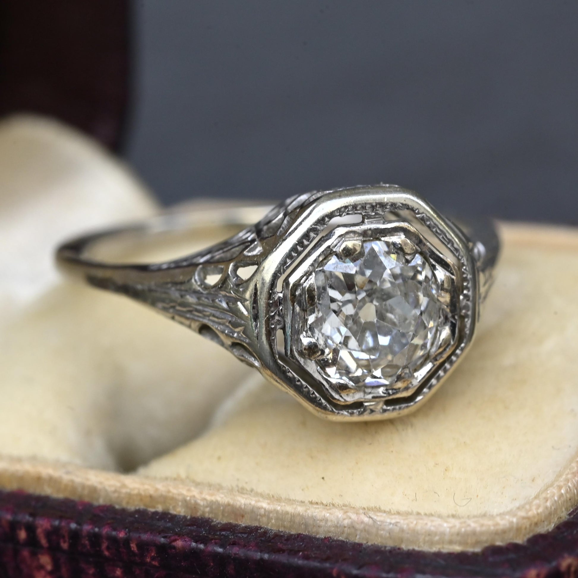 Art Deco .65ct Engagement Diamond Ring 18K White Gold IGI Certified Size 6.25