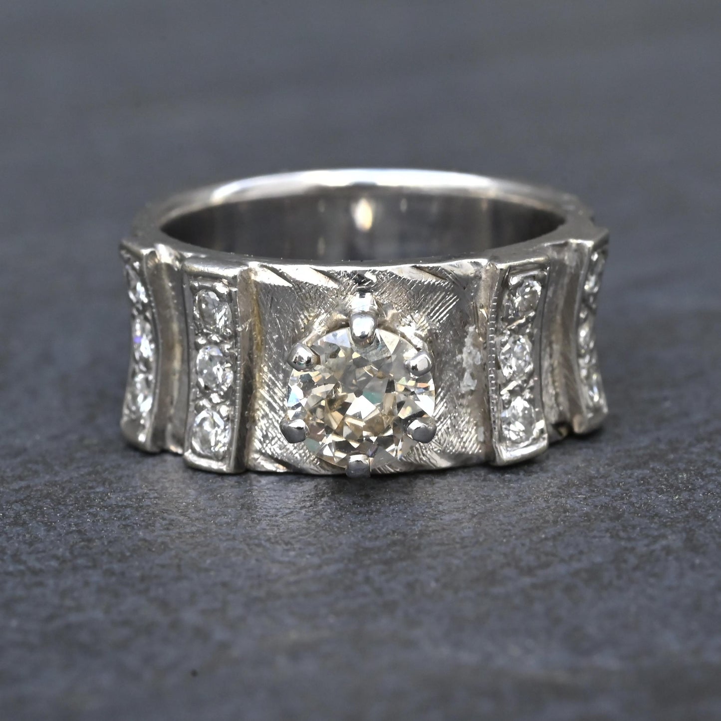 Art Deco .90ctw Old European Diamond Ring 14K White Gold IGI Certified 7.62g