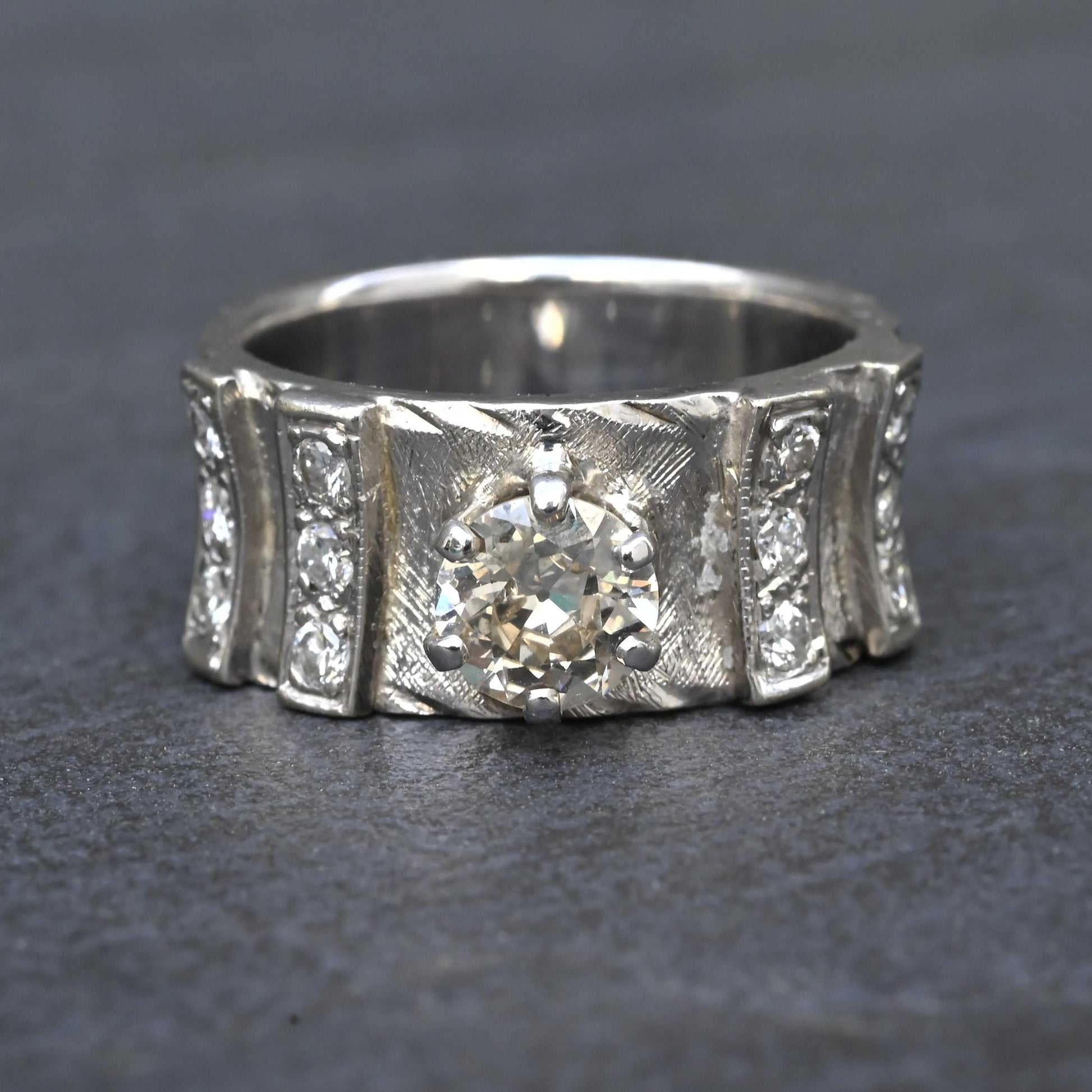 Art Deco .90ctw Old European Diamond Ring 14K White Gold IGI Certified 7.62g