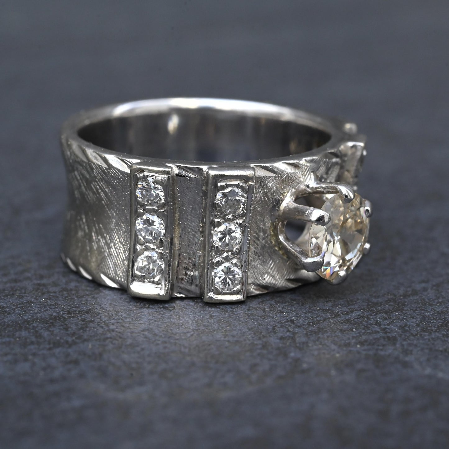 Art Deco .90ctw Old European Diamond Ring 14K White Gold IGI Certified 7.62g