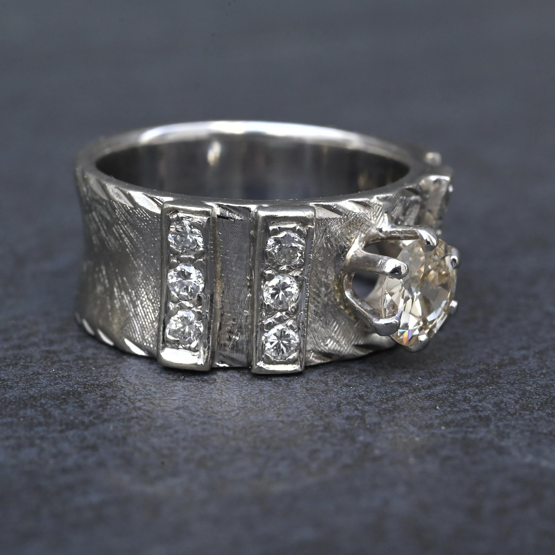 Art Deco .90ctw Old European Diamond Ring 14K White Gold IGI Certified 7.62g
