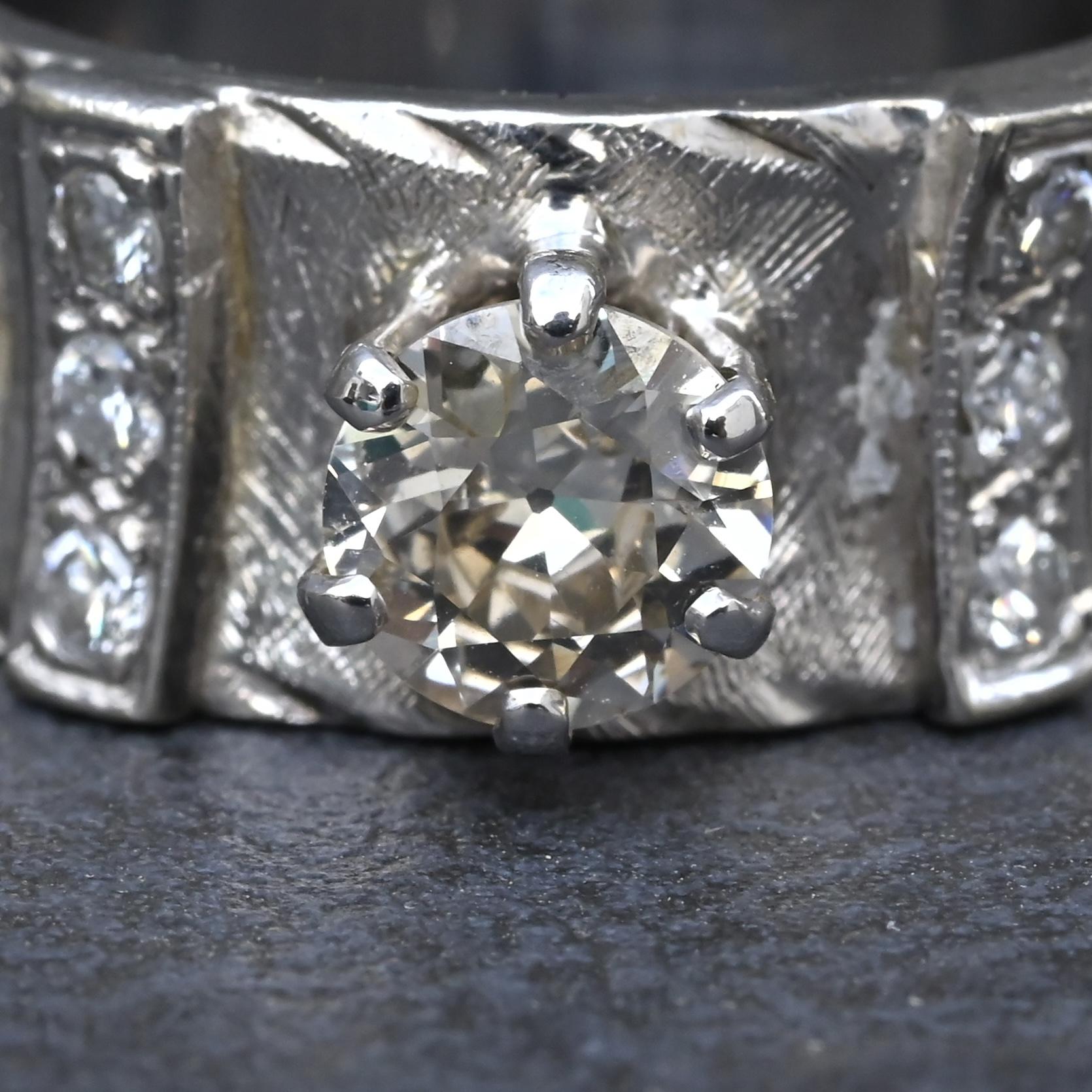 Art Deco .90ctw Old European Diamond Ring 14K White Gold IGI Certified 7.62g
