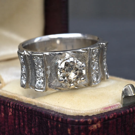 Art Deco .90ctw Old European Diamond Ring 14K White Gold IGI Certified 7.62g