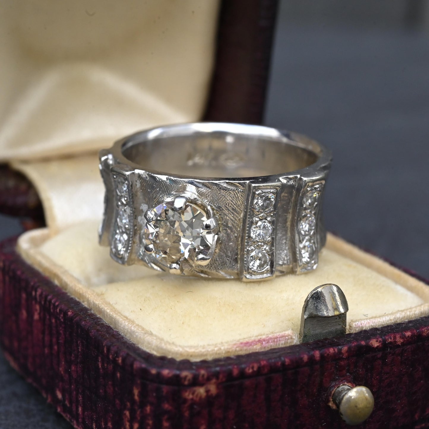 Art Deco .90ctw Old European Diamond Ring 14K White Gold IGI Certified 7.62g