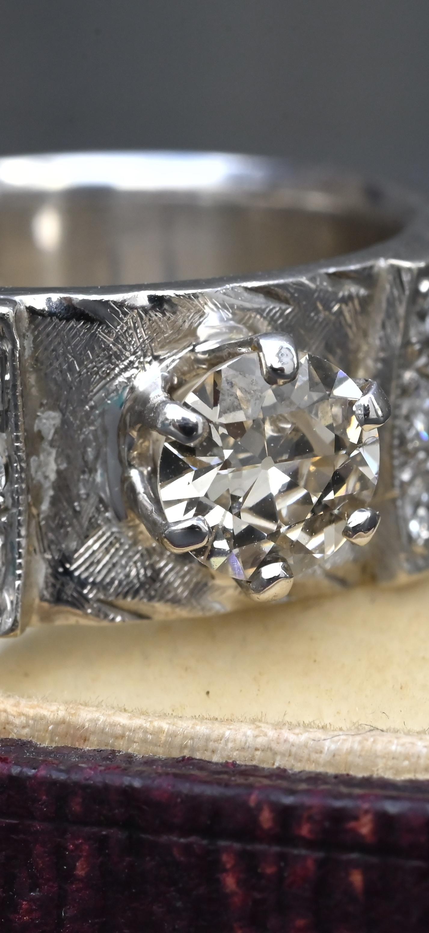 Art Deco .90ctw Old European Diamond Ring 14K White Gold IGI Certified 7.62g