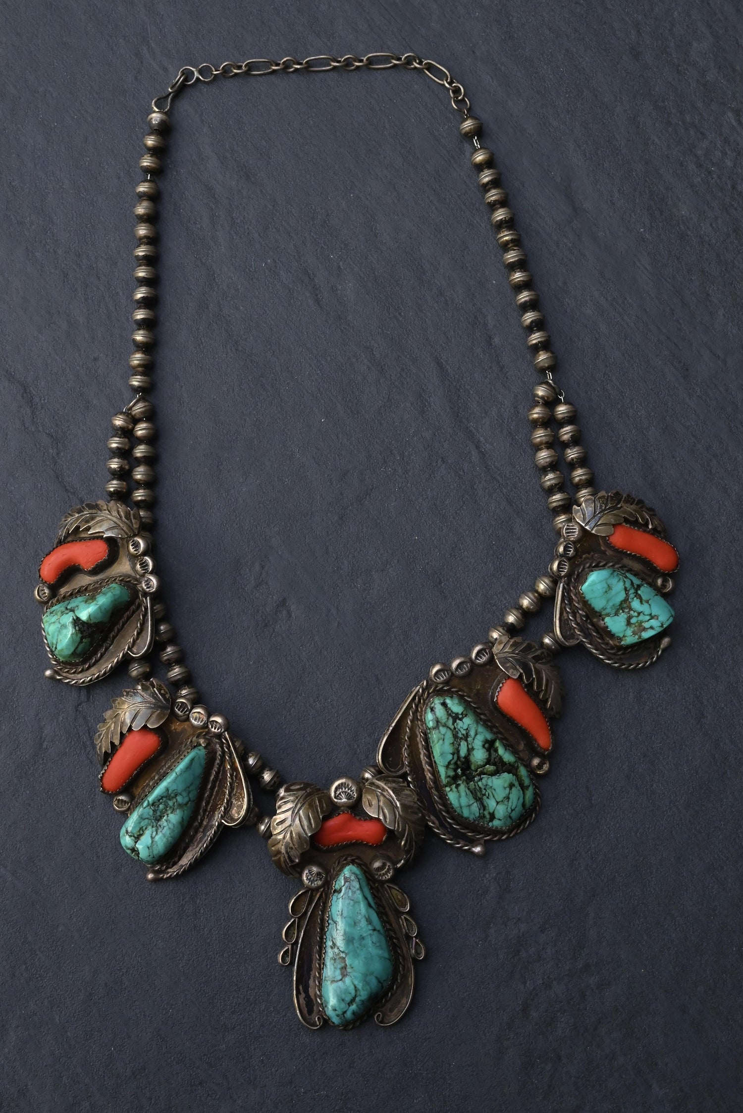 Old Pawn Kingman Turquoise & Coral Sterling Necklace - Vintage Southwestern