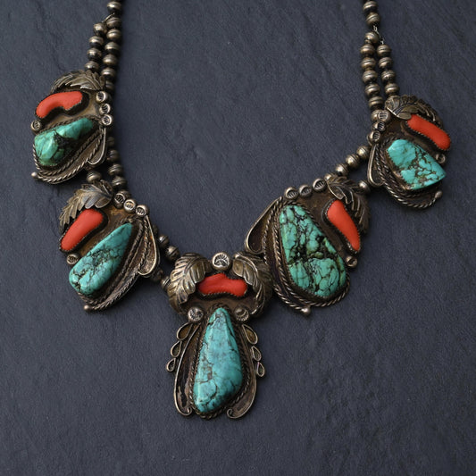Old Pawn Kingman Turquoise & Coral Sterling Necklace - Vintage Southwestern