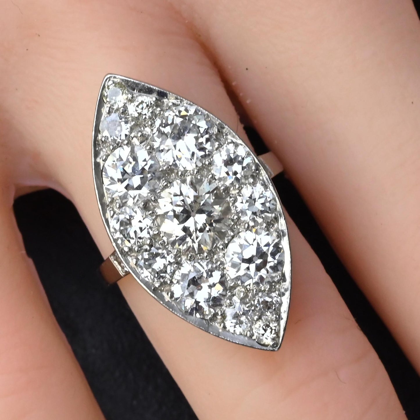 Art Deco 3.90ctw Navette Diamond Platinum Ring IGI Certified 7.46g Size 6.5
