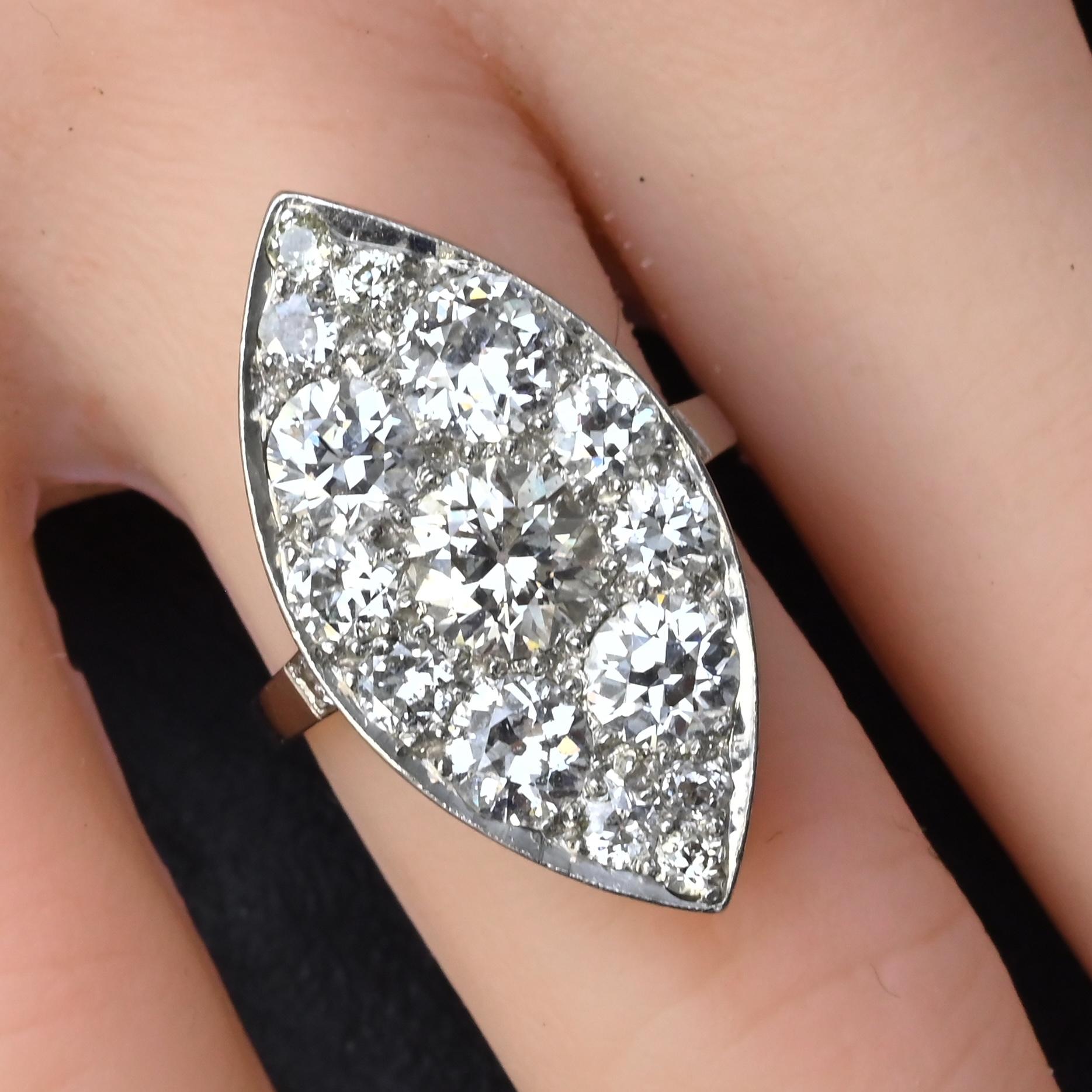 Art Deco 3.90ctw Navette Diamond Platinum Ring IGI Certified 7.46g Size 6.5