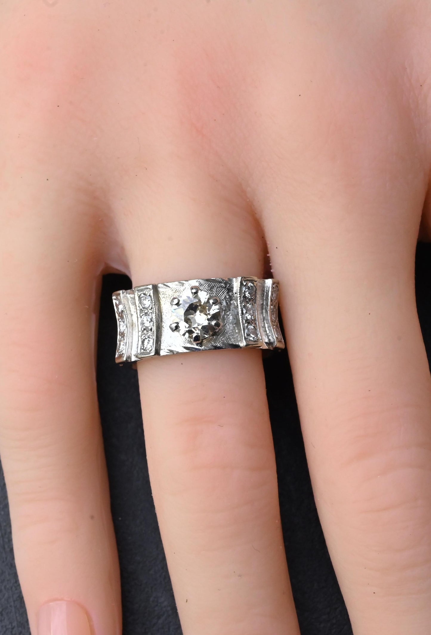 Art Deco .90ctw Old European Diamond Ring 14K White Gold IGI Certified 7.62g