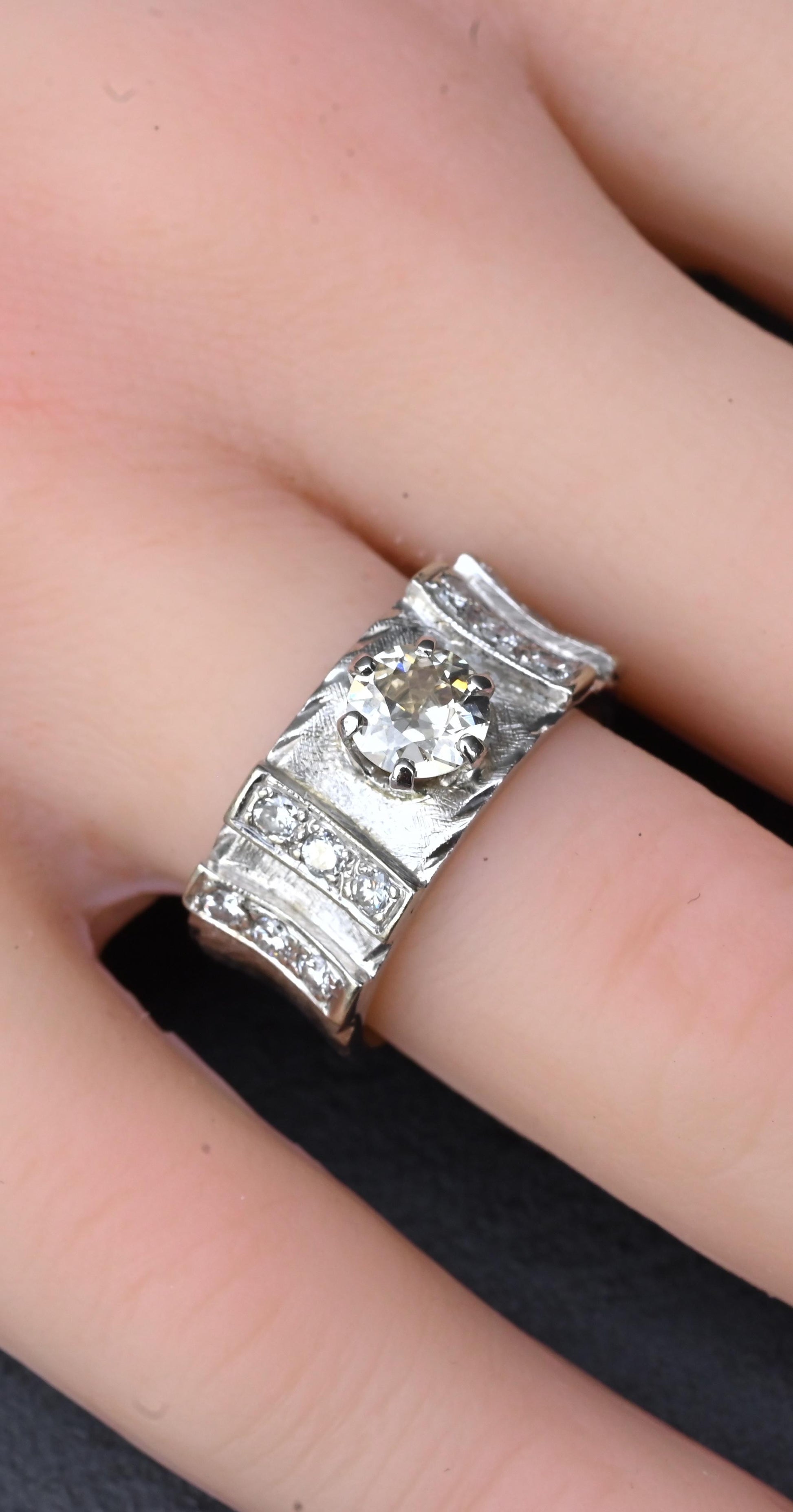 Art Deco .90ctw Old European Diamond Ring 14K White Gold IGI Certified 7.62g